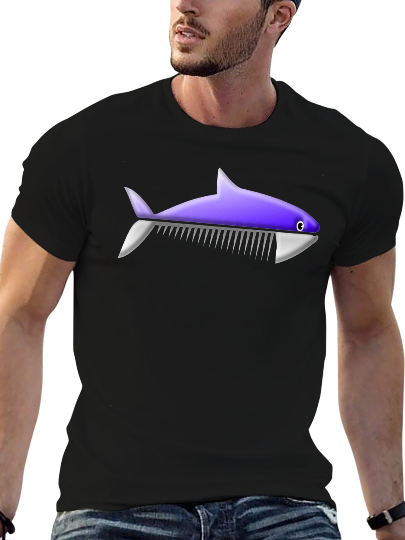 Black Novelty Shark Comb T-Shirt - Unique Graphic Tee view 6