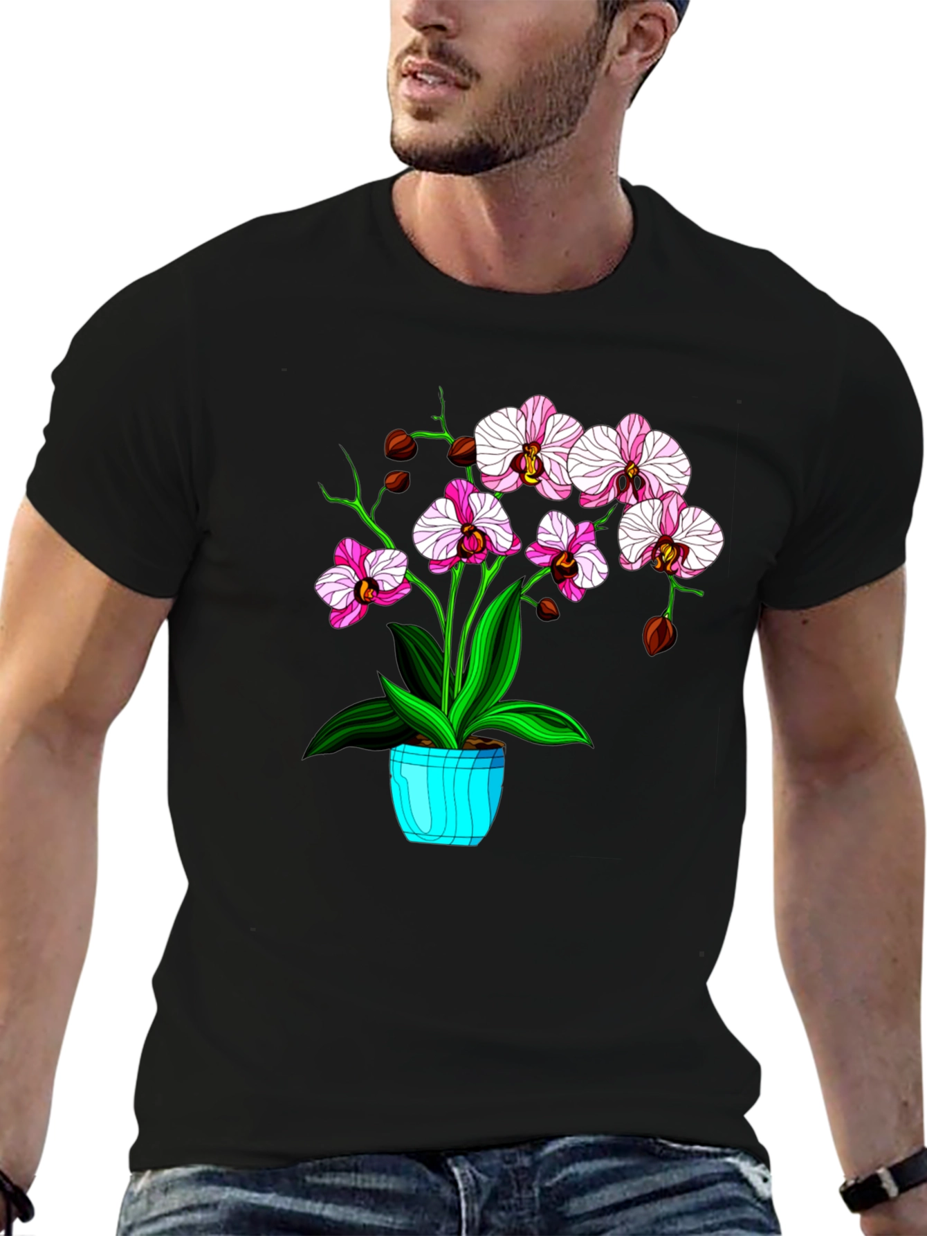 Black Floral T-Shirt with Orchid Plant Graphic view 6