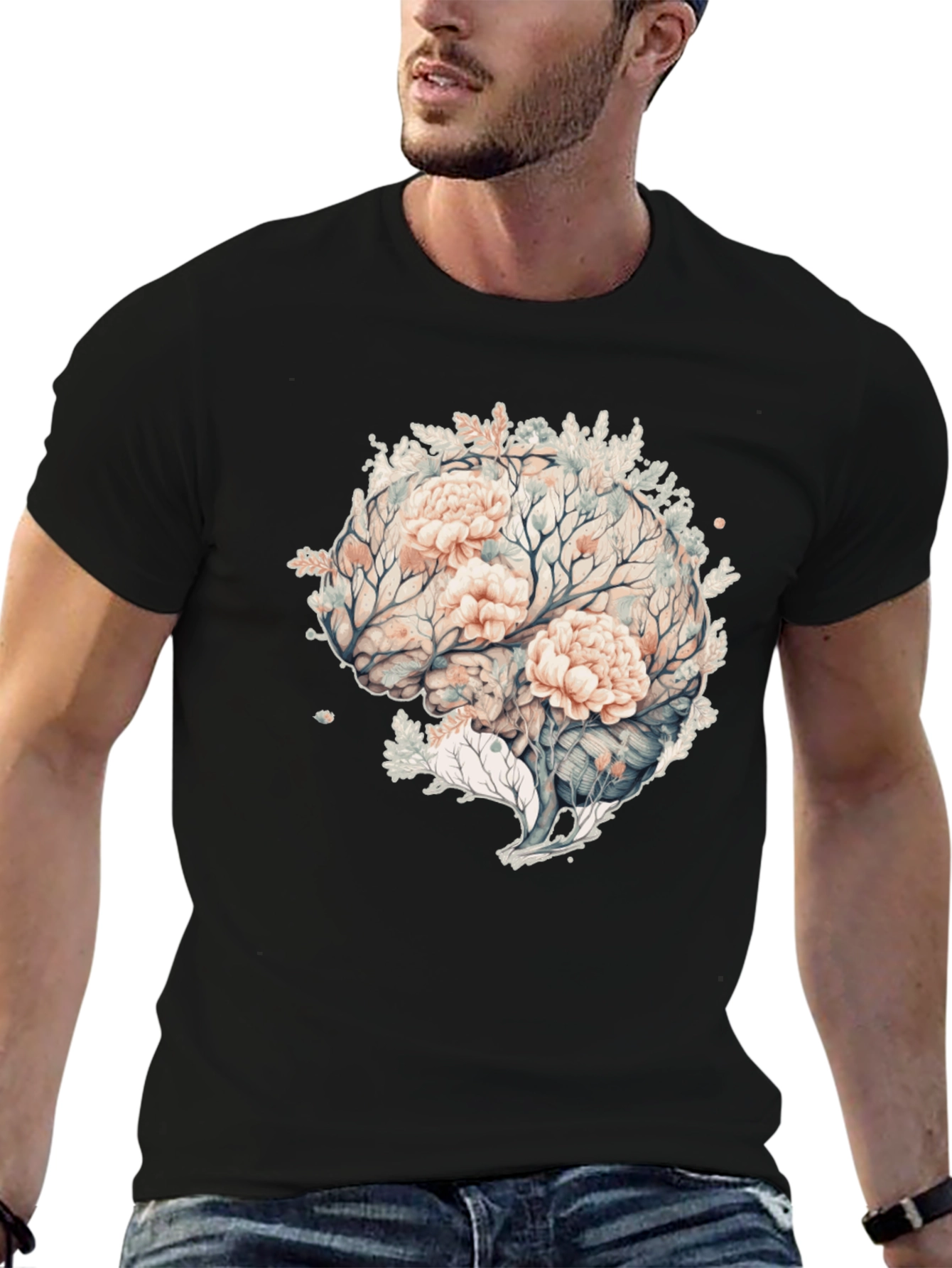 Black Floral Brain Graphic Tee - Unique Mens Black T-Shirt view 6