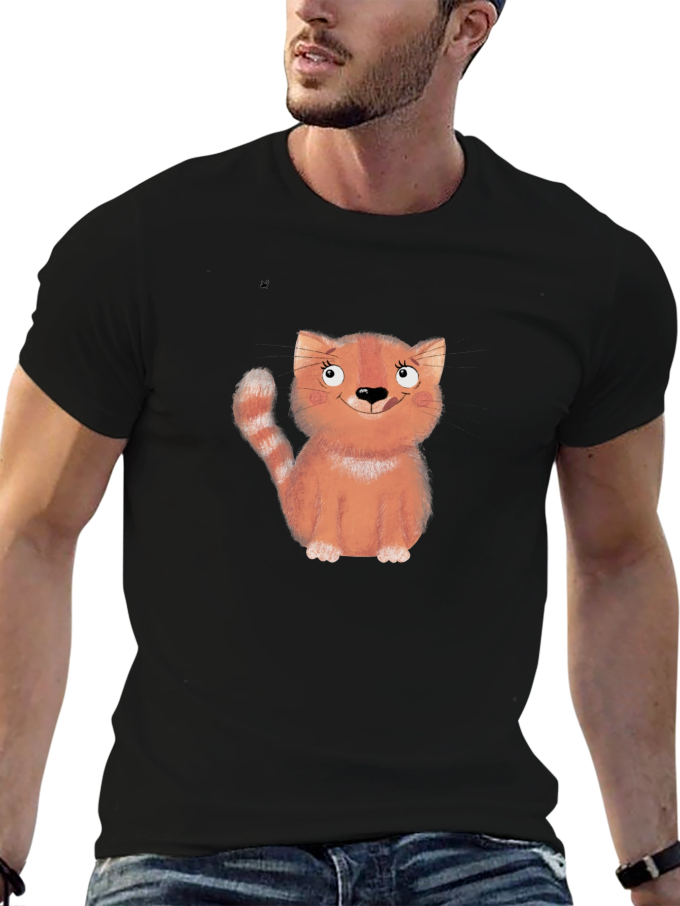 Black Cute Cartoon Cat Black T-Shirt view 6