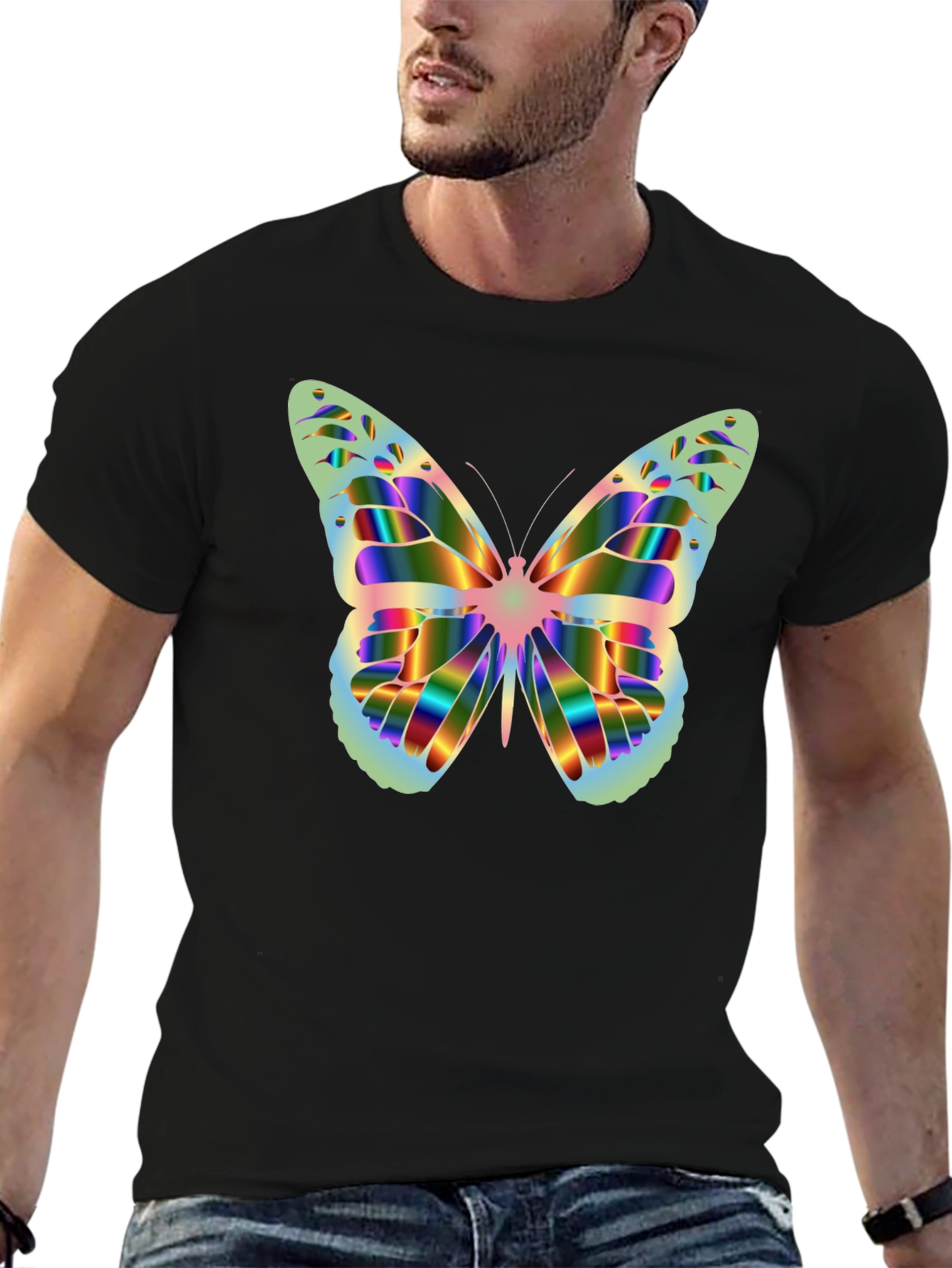 Black Butterfly Graphic Tee - Rainbow Prism Design view 6