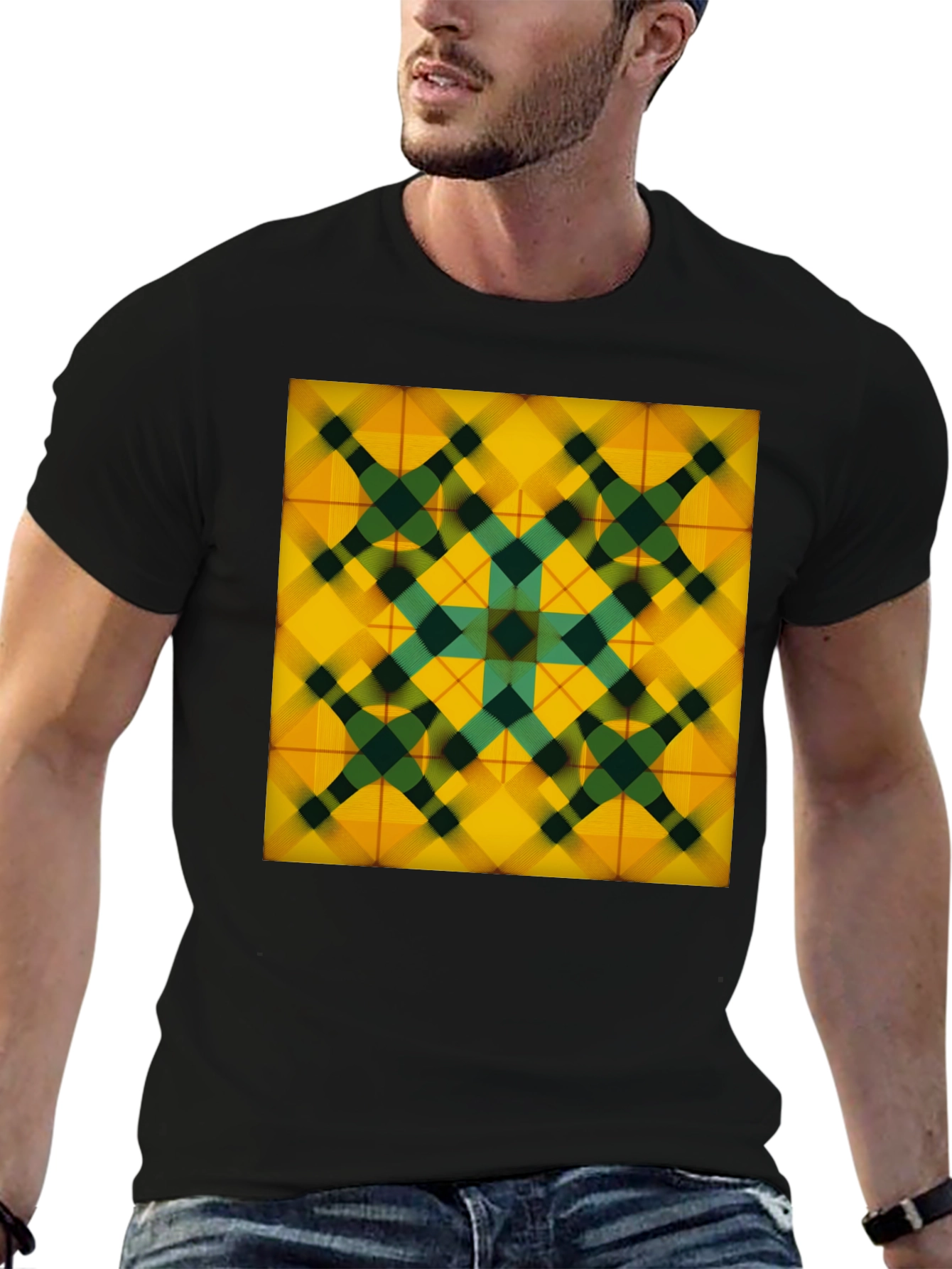 Black Geometric Plaid Tee - Stylish Graphic Print view 6