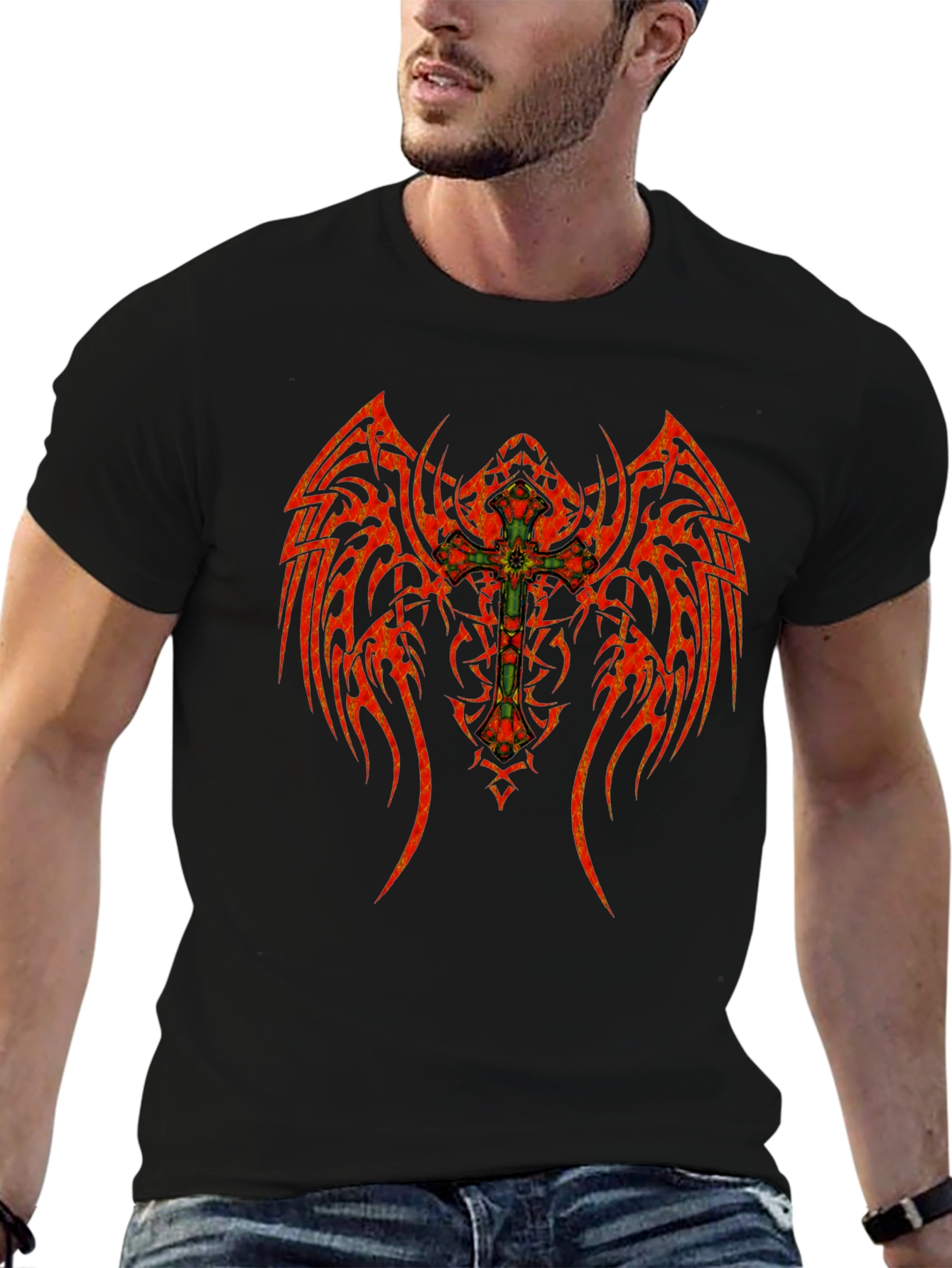 Black Tribal Winged Cross Graphic T-Shirt view 6