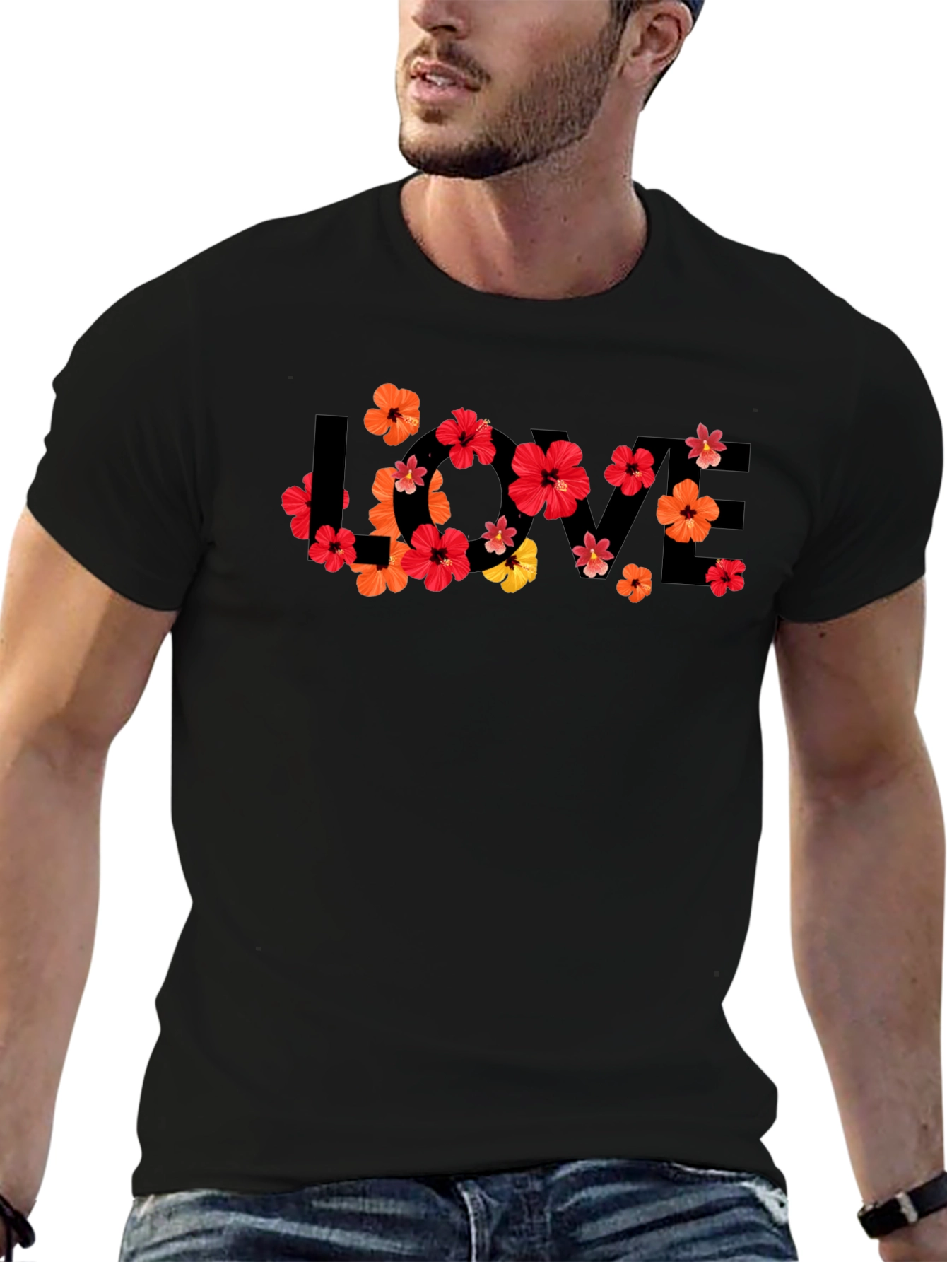 Black Floral LOVE Graphic Tee - Men's Black T-Shirt view 6