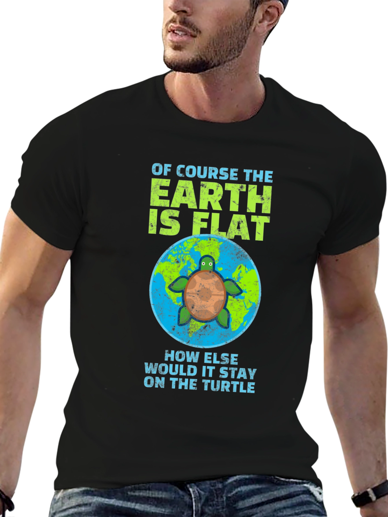 Black Flat Earth Turtle Humor T-Shirt view 6
