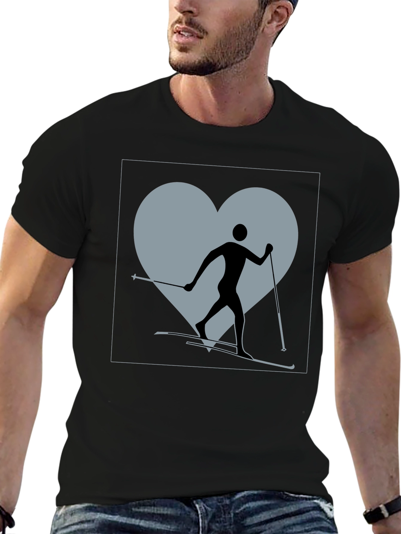 Black Cross Country Skiing Heart T-Shirt view 6