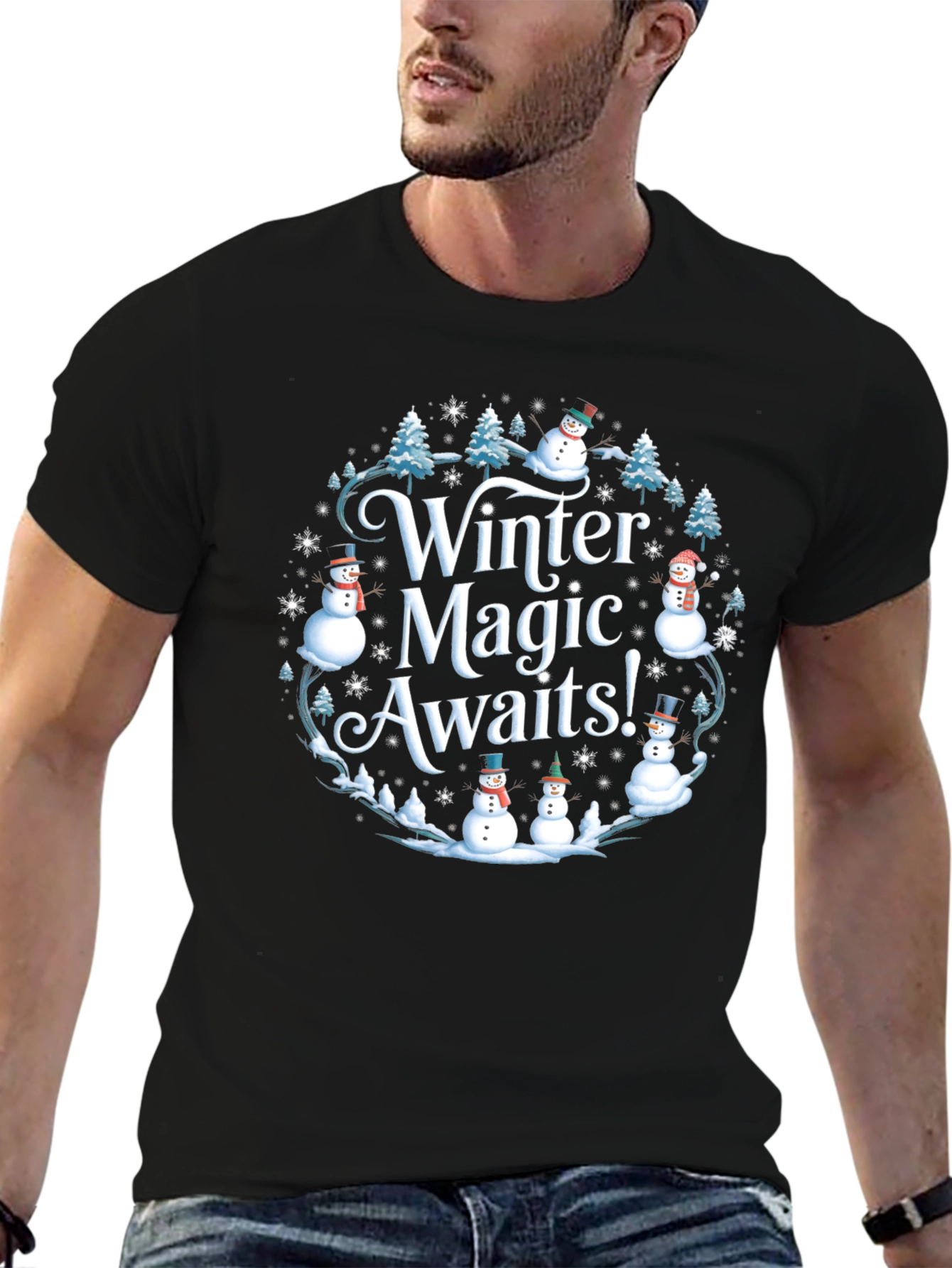 Black Winter Magic Snowman Holiday T-Shirt view 6