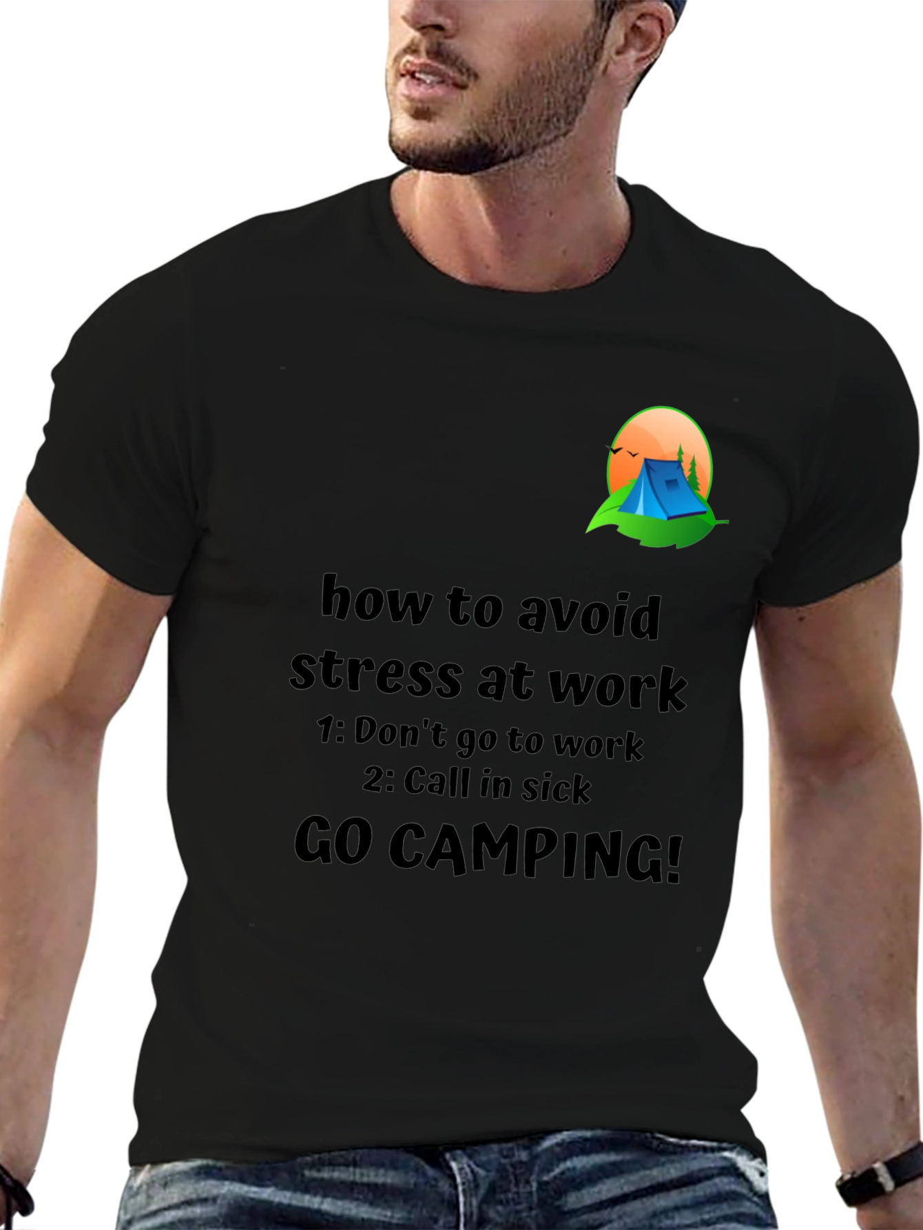 Black Avoid Stress T-Shirt: Camping Graphic Tee view 6