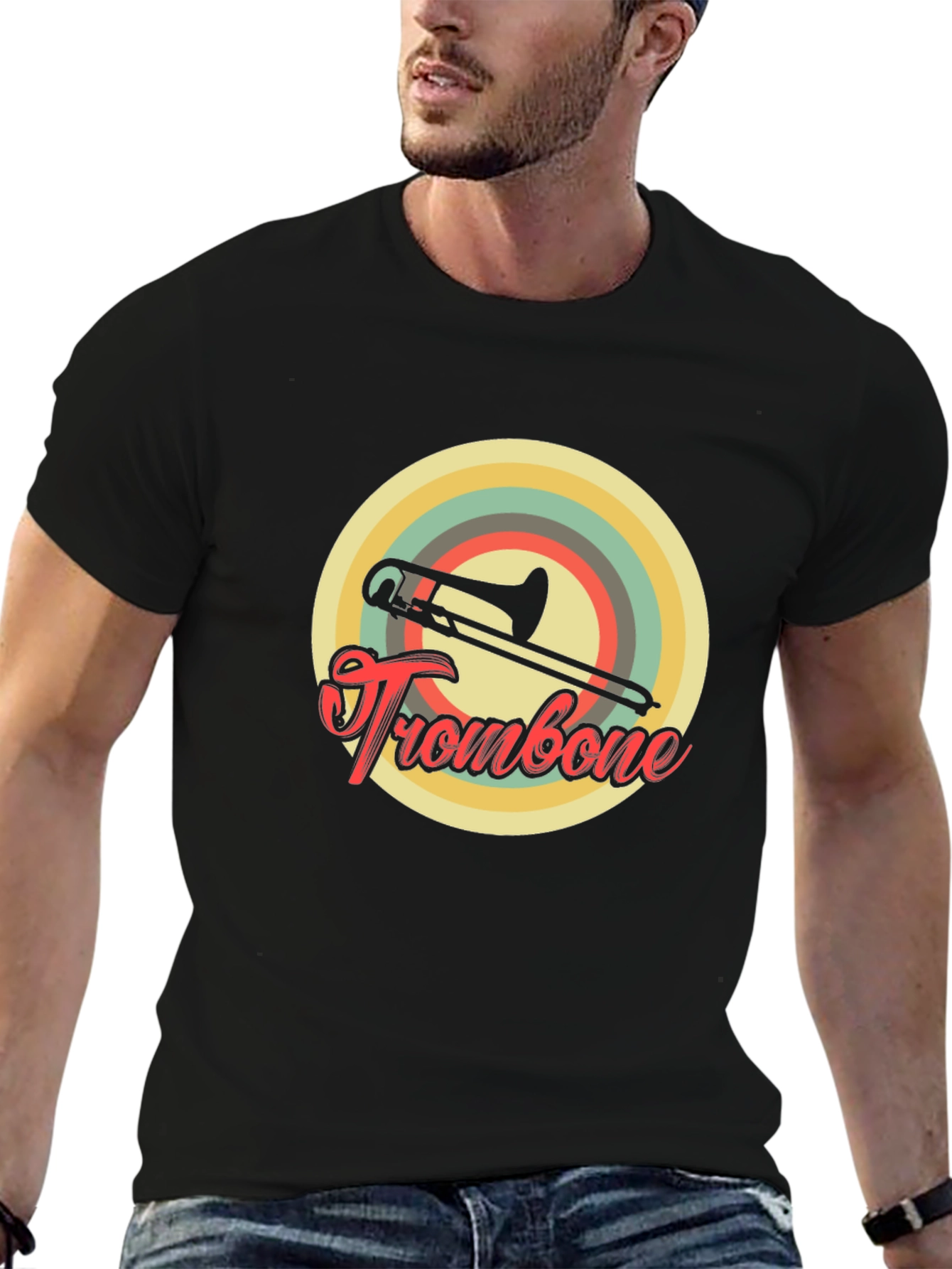 Black Retro Trombone T-Shirt - Vintage Musical Design view 6