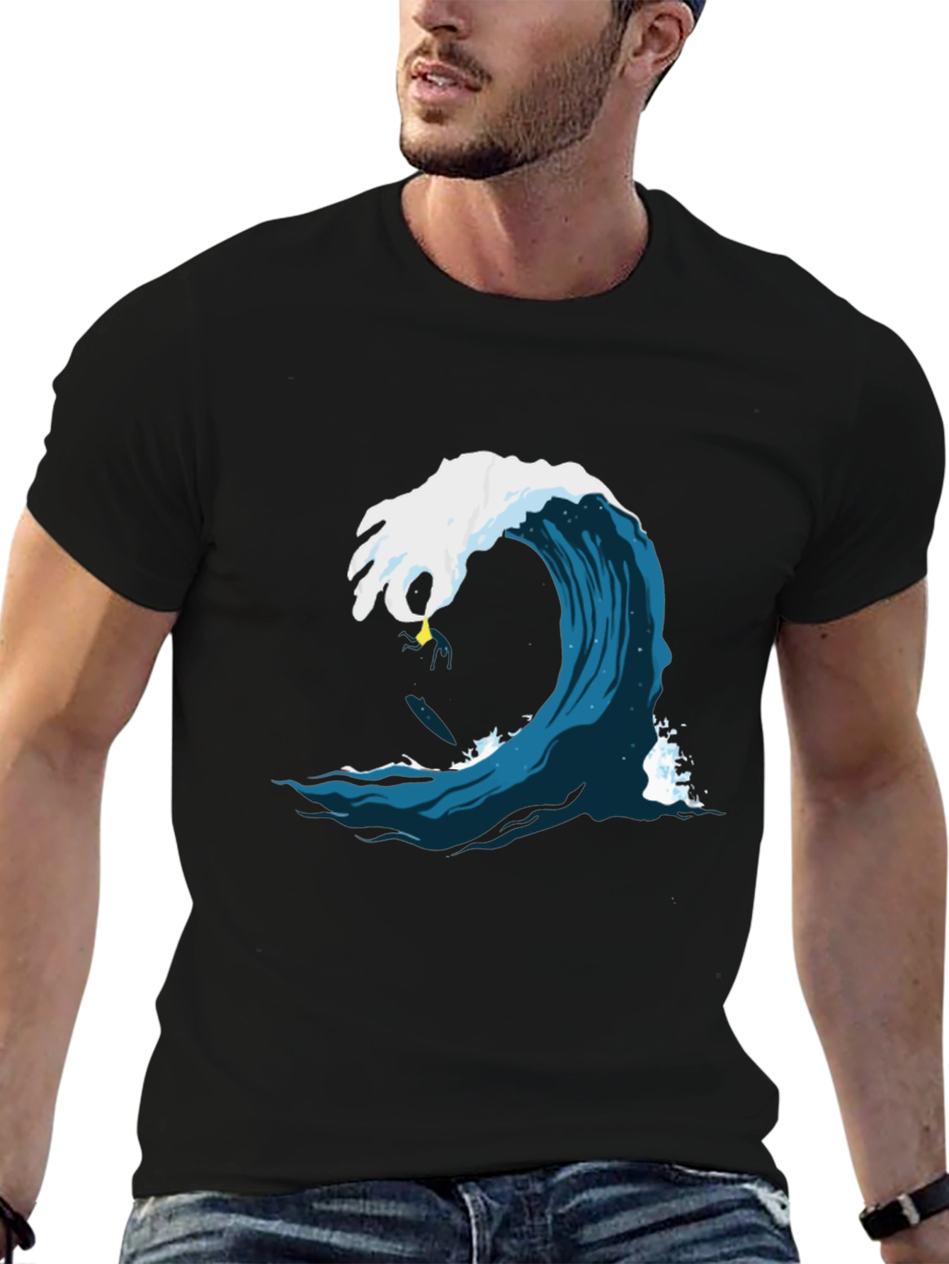 Black Surfer Wave Graphic Tee - Black Cotton Shirt view 6