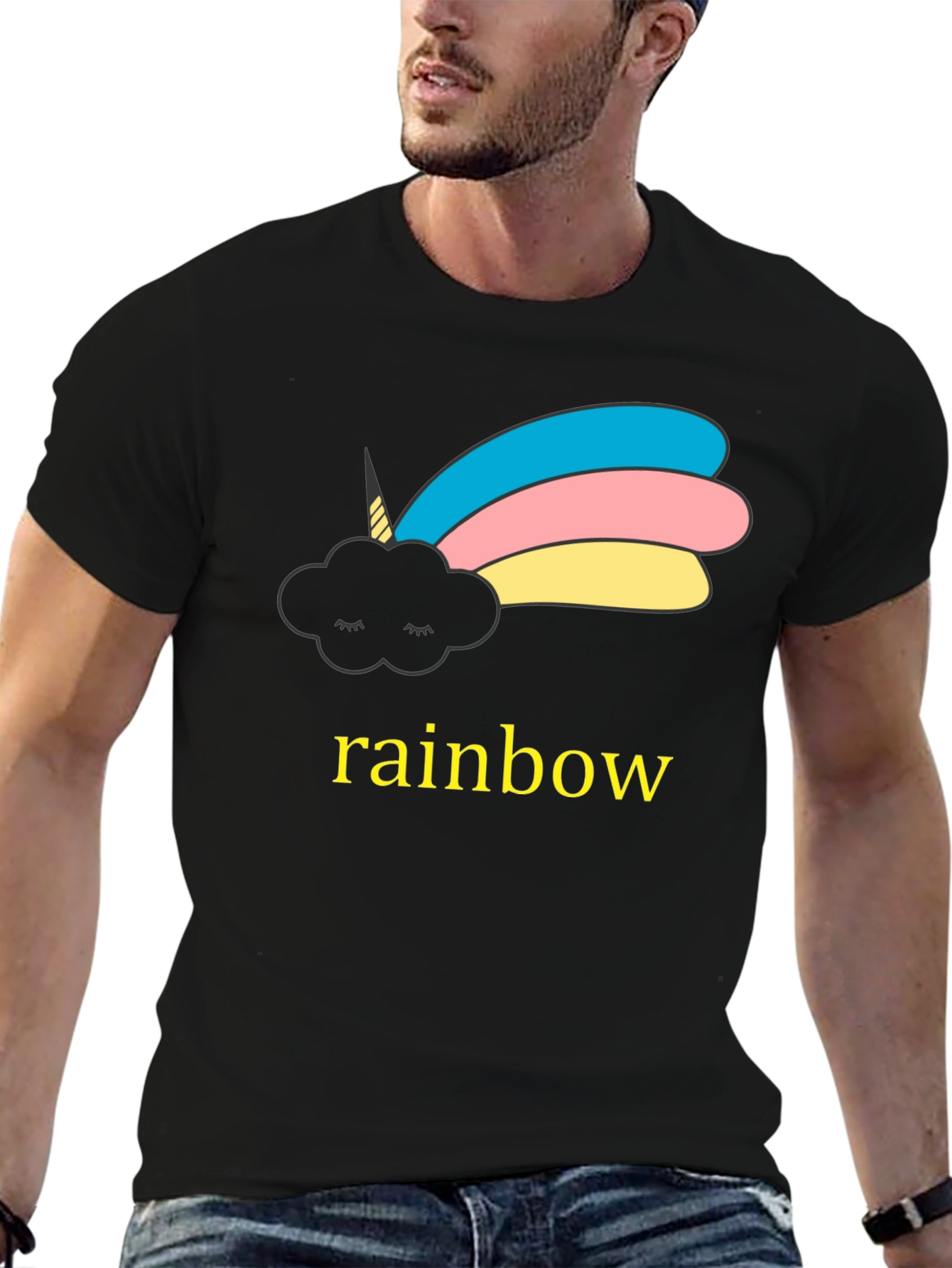 Black Unicorn Cloud Rainbow Graphic Black T-Shirt view 6