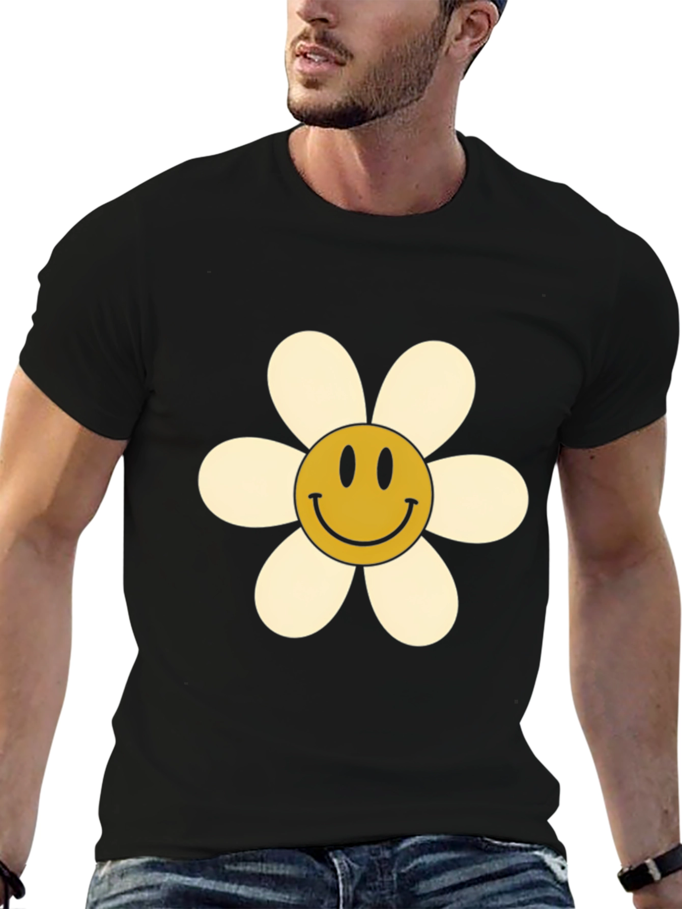 Black Smiley Flower Graphic Tee - Retro Style view 6