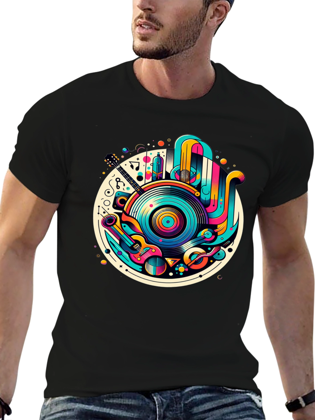 Black Retro Music Graphic T-Shirt - Colorful Vinyl Record Tee view 6
