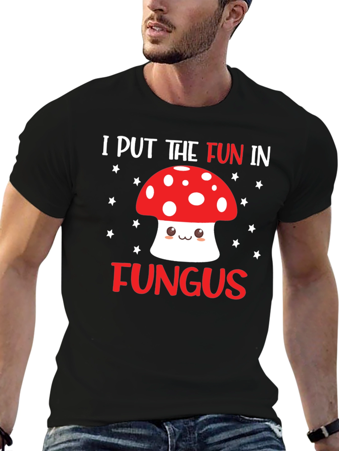 Black Funny Mushroom T-Shirt - "I Put the Fun in Fungus" view 6