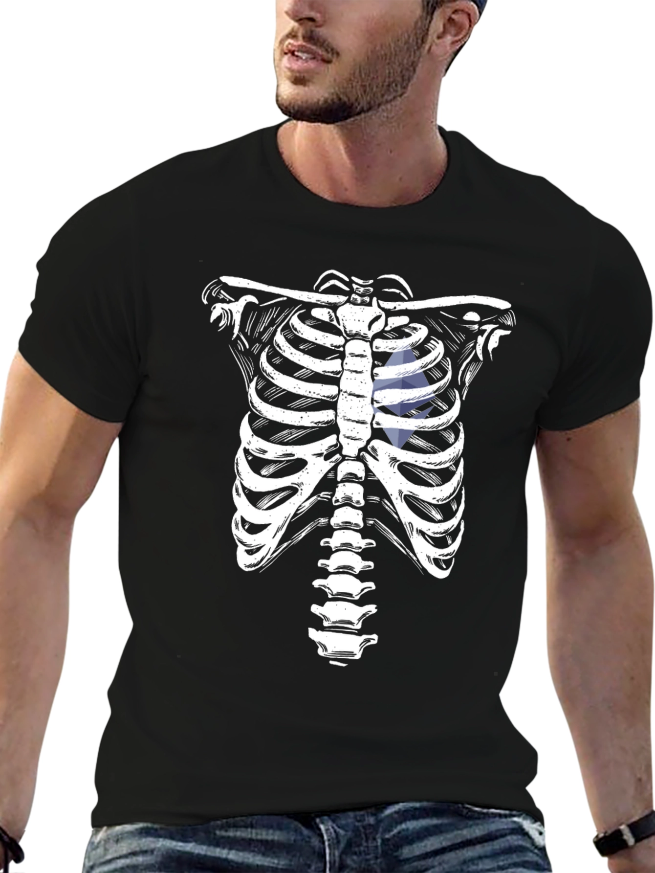 Black Skeleton Rib Cage Graphic Tee - Halloween Costume view 6