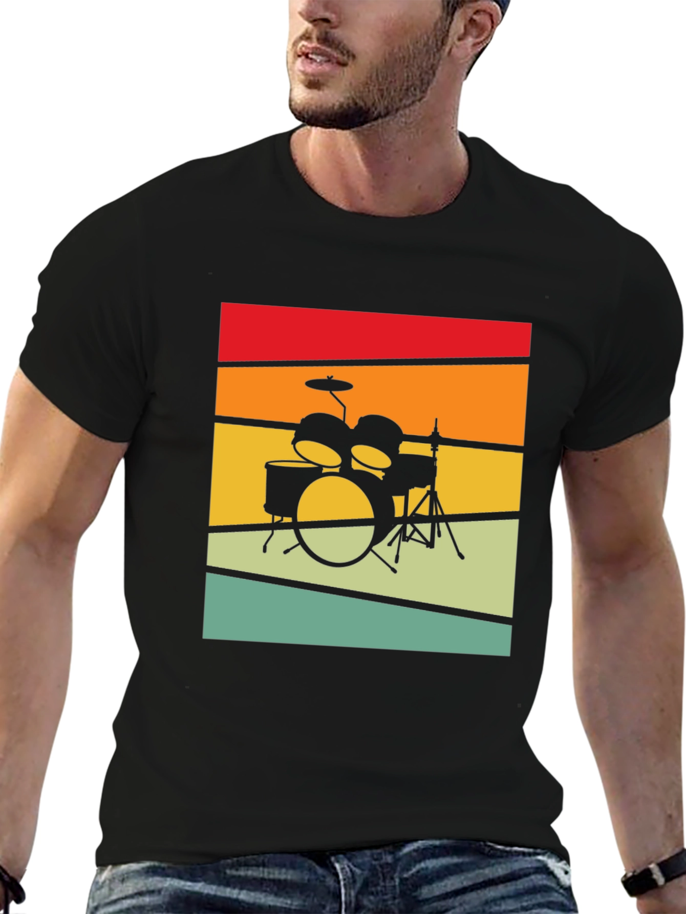 Black Retro Drum Set Graphic T-Shirt - Vintage Style Tee view 6