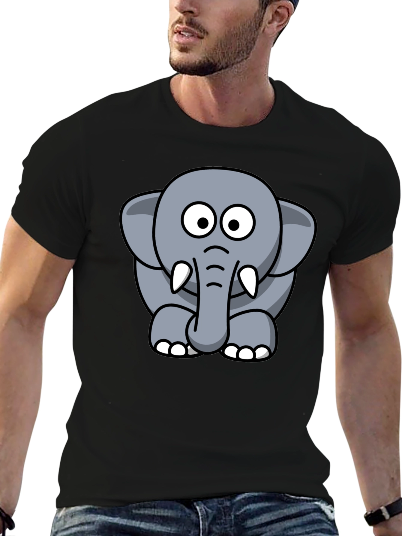 Black Cartoon Elephant Graphic Tee - Black Cotton T-Shirt view 6