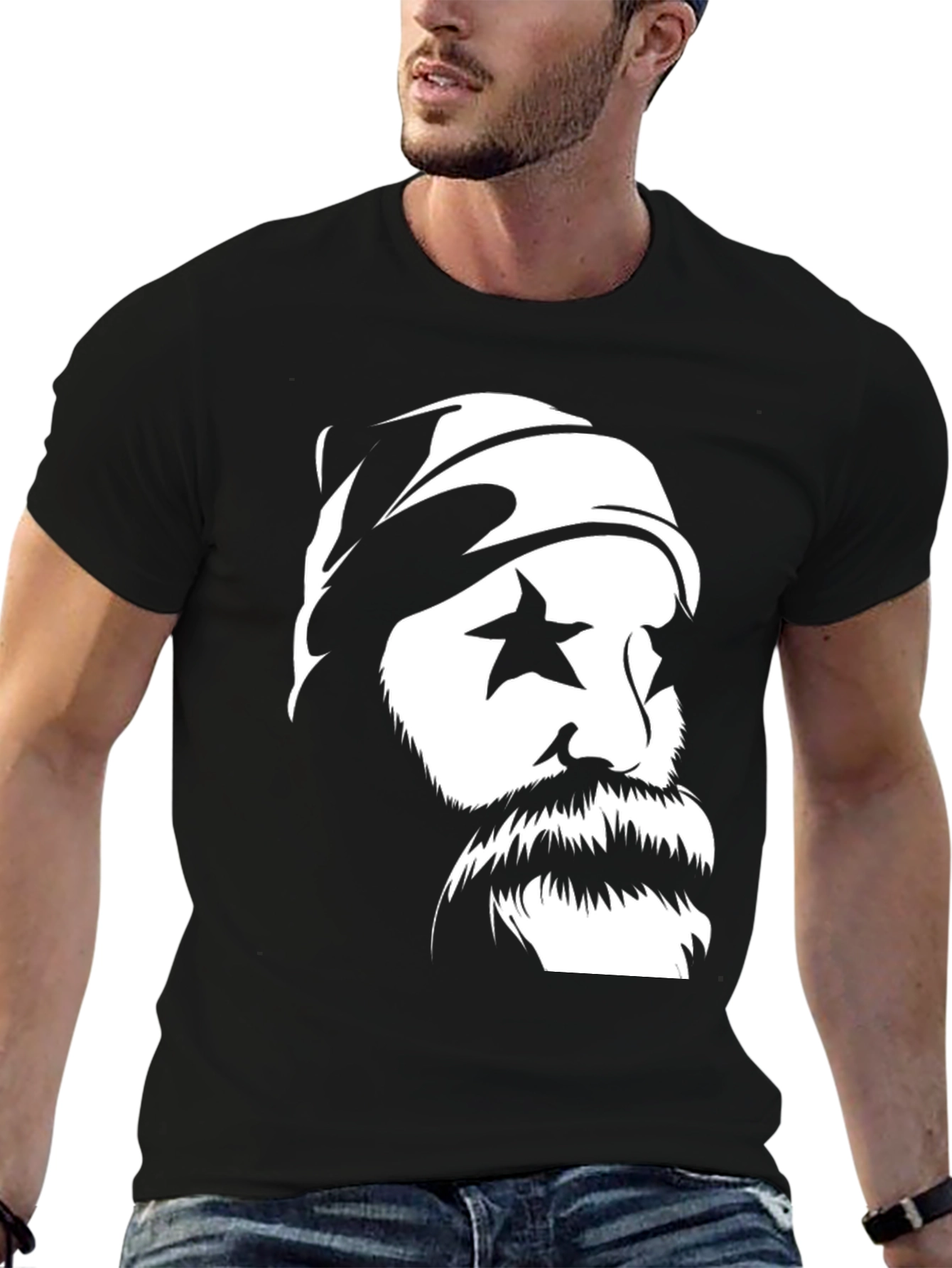 Black Cool Graphic Tee: Star Eyed Bearded Man view 6