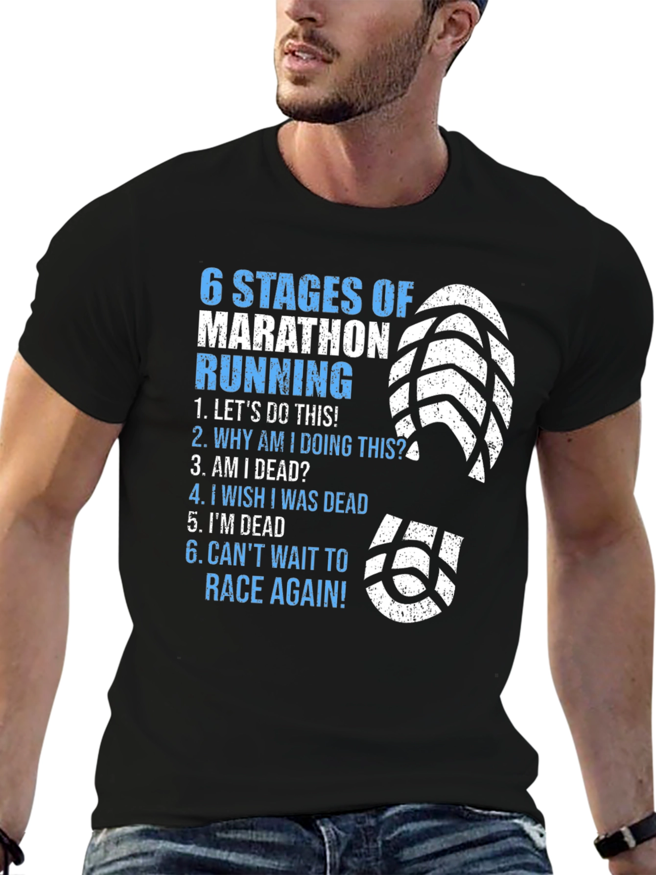 Black 6 Stages of Marathon Running T-Shirt view 6