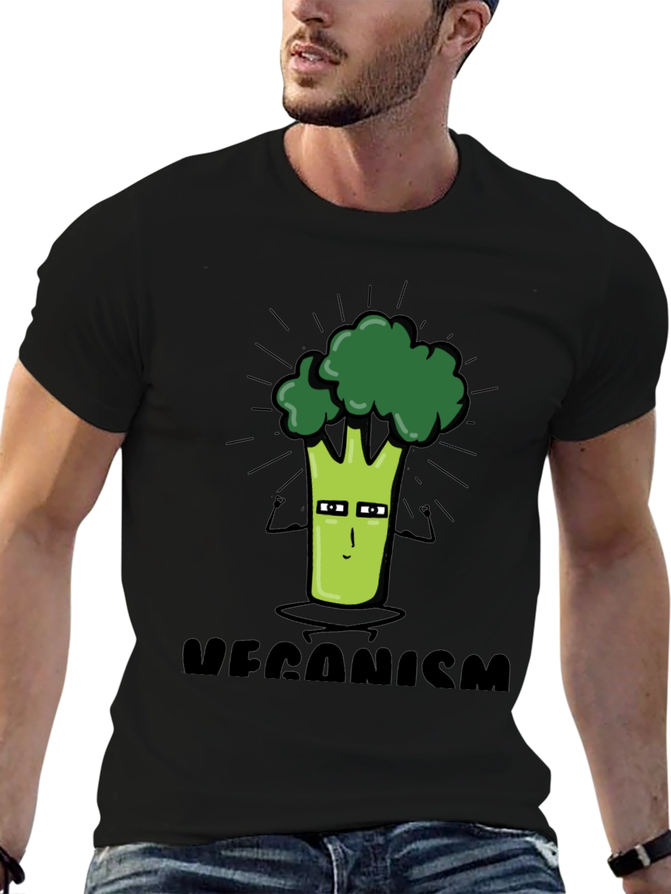 Black Veganism Cartoon Broccoli Black T-Shirt view 6