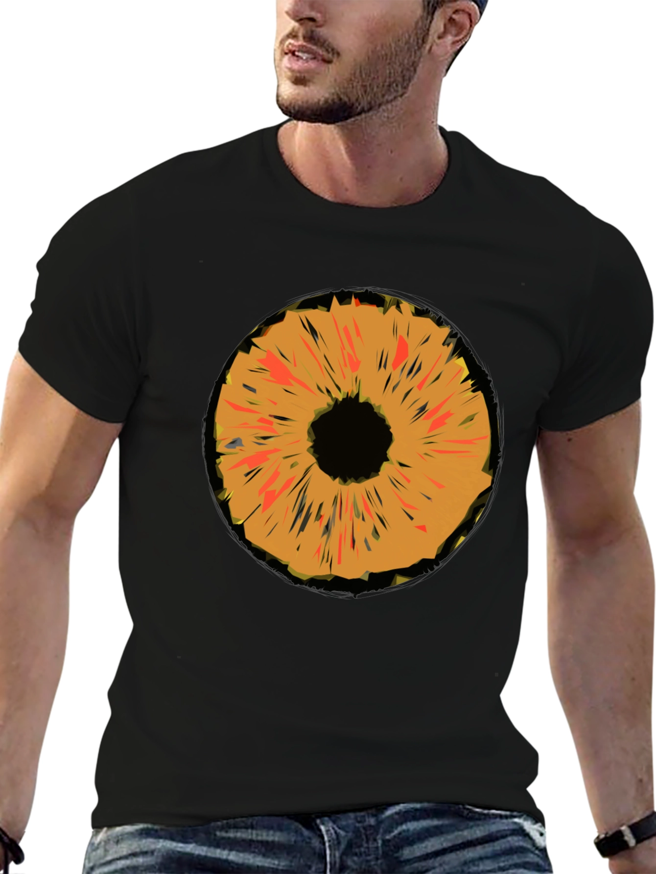 Black Abstract Orange Iris Graphic Black T-Shirt view 6