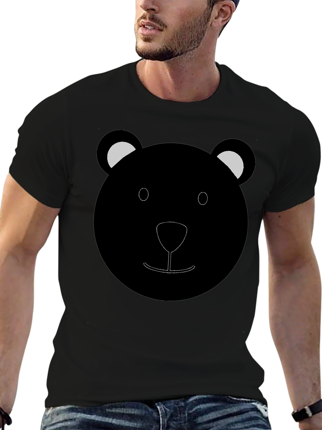 Black Cute Bear Face Graphic T-Shirt - Black view 6
