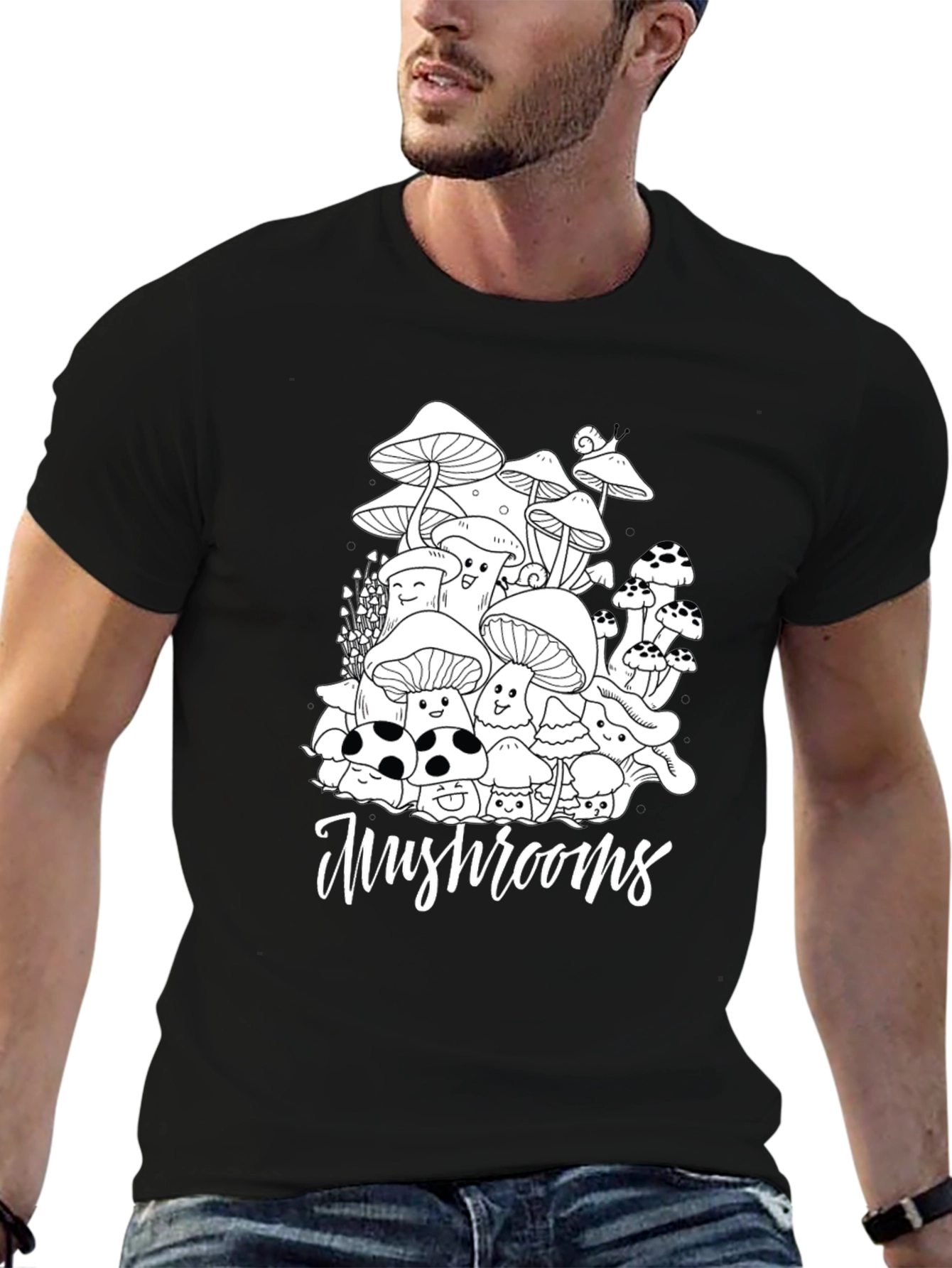 Black Mushroom Graphic Tee - Black Cotton Casual T-Shirt view 6