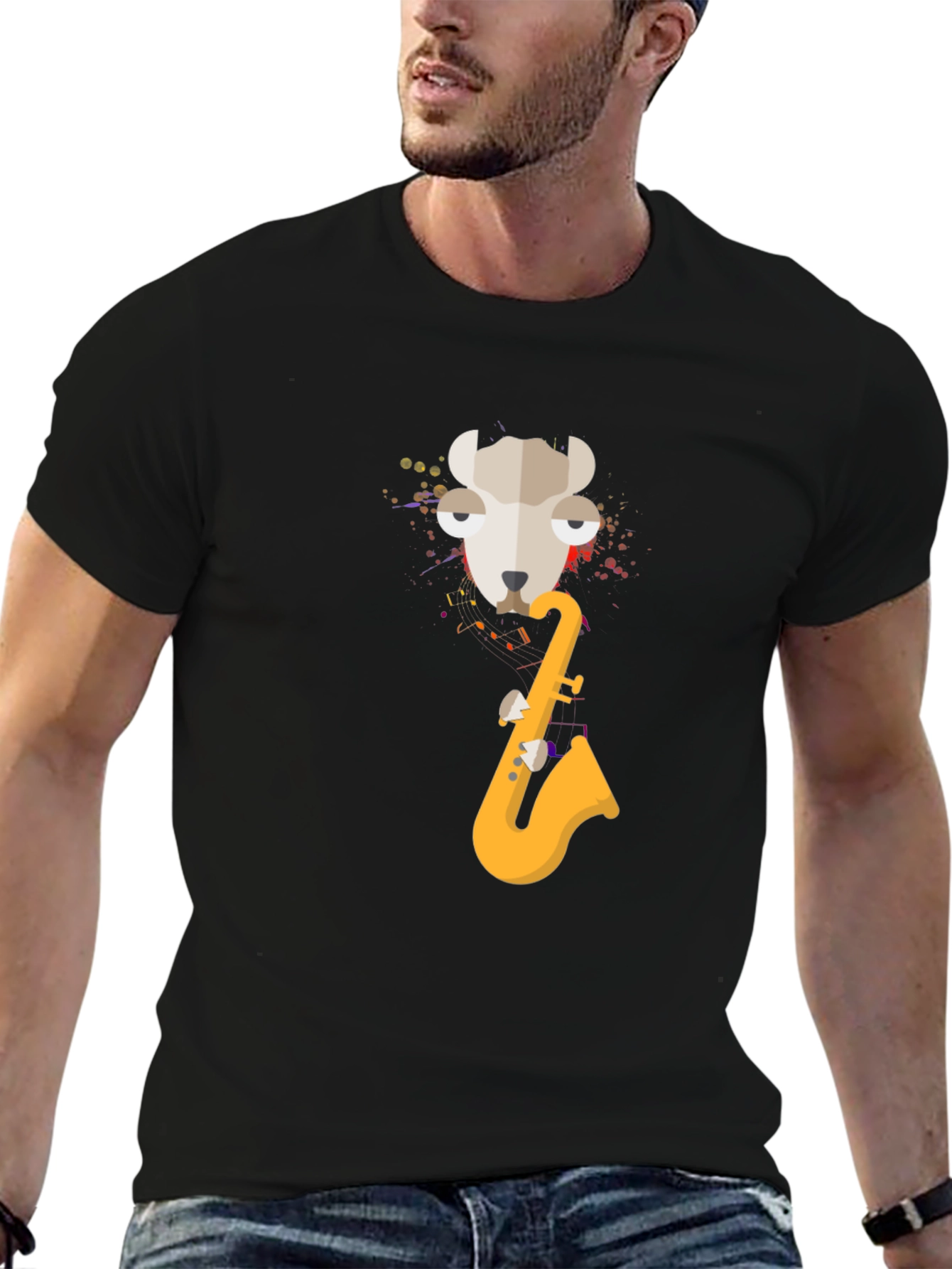 Black Cool Llama Saxophone Black T-Shirt view 6