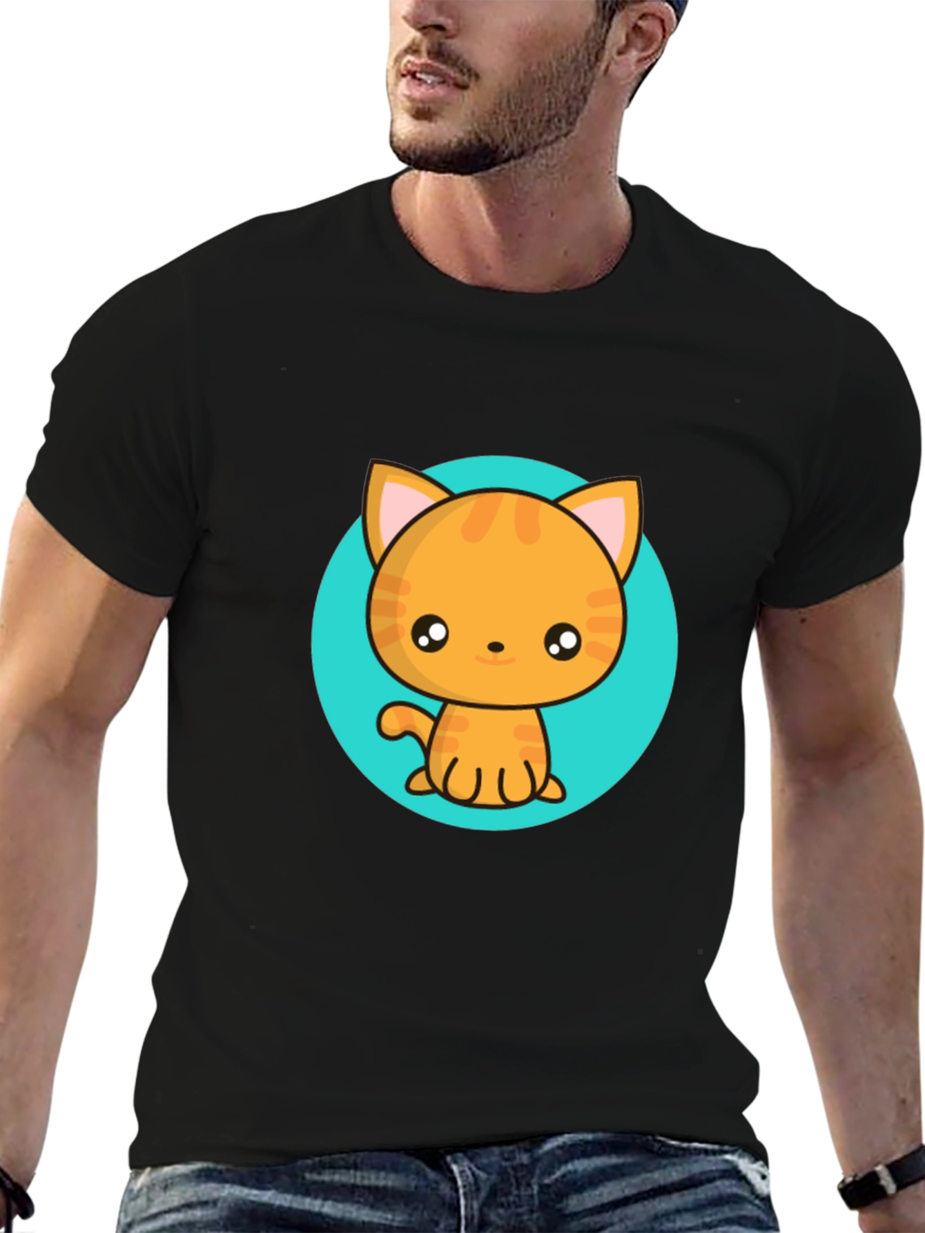 Black Cute Cartoon Cat T-Shirt - Black Crew Neck Tee view 6