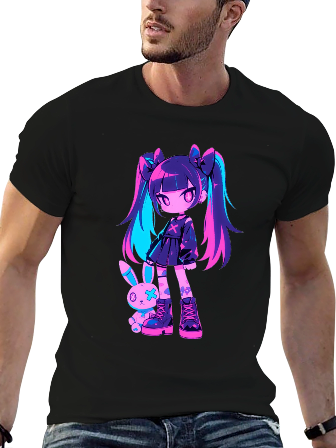 Black Anime Girl & Bunny Black T-Shirt view 6