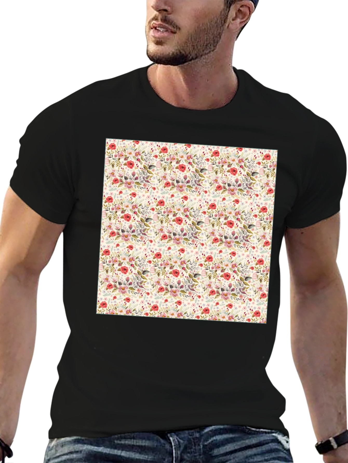 Black Floral Print Crew Neck Tee - Casual Style view 6