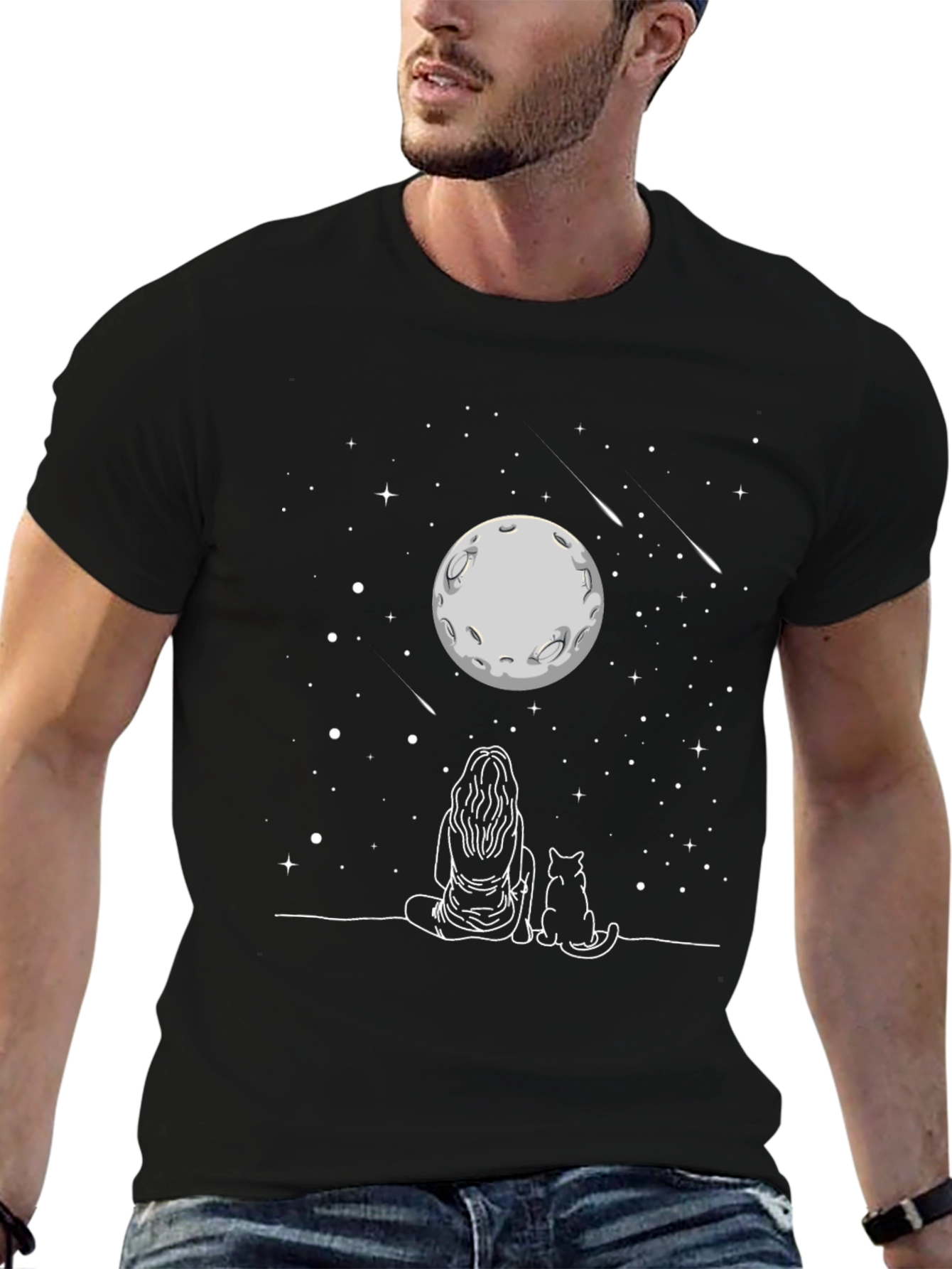 Black Moon Gazing Cat T-Shirt -  Unisex Tee view 6