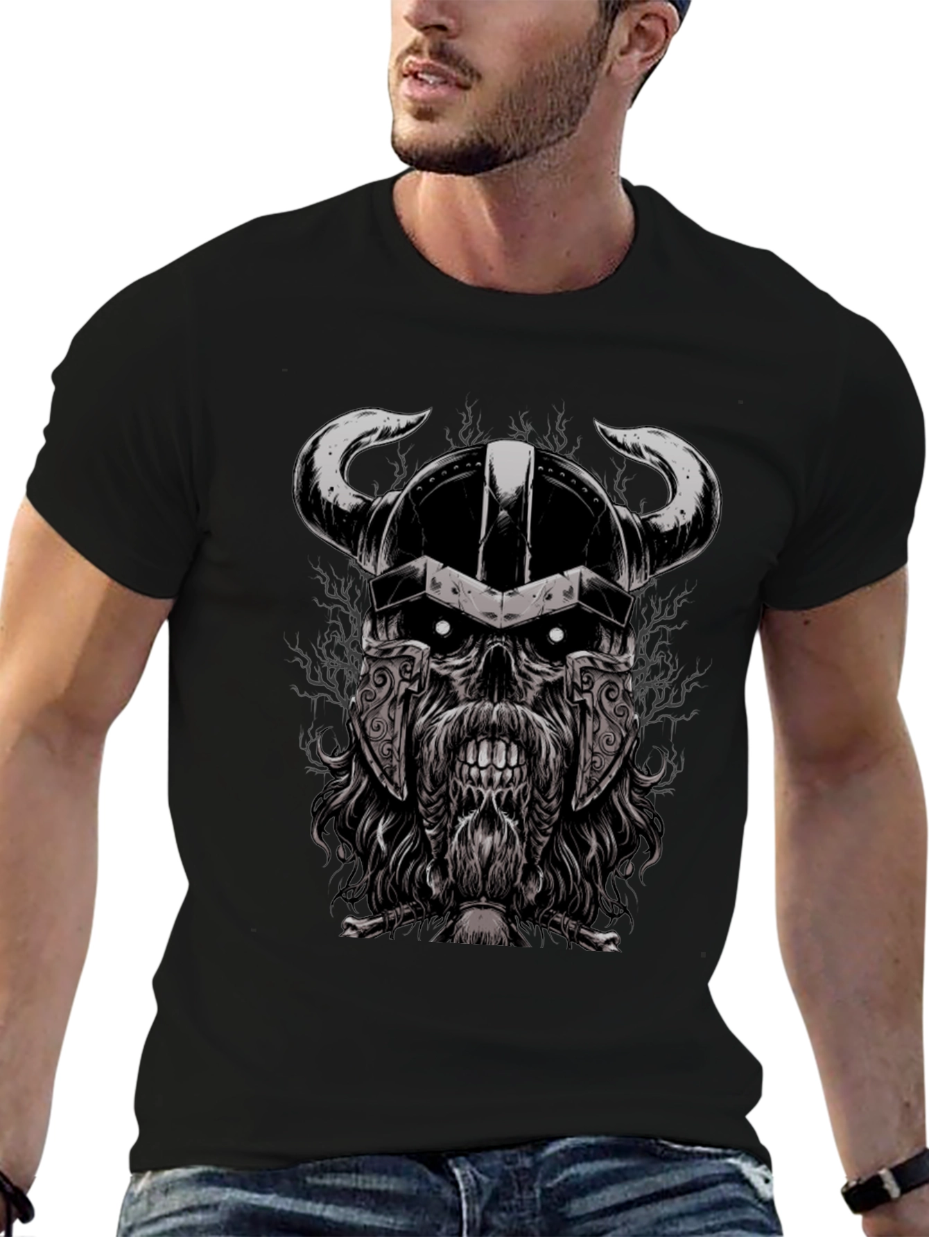 Black Viking Skull Graphic Black T-Shirt view 6