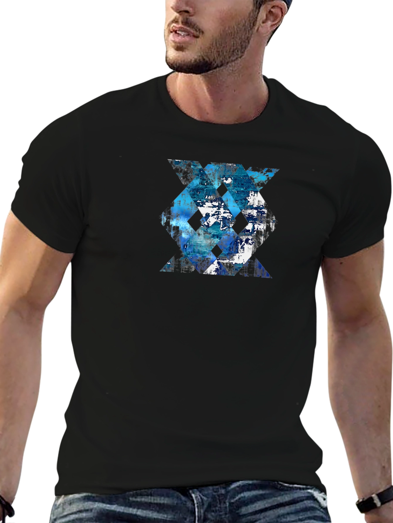 Black Abstract Geometric Tee - Blue Design view 6