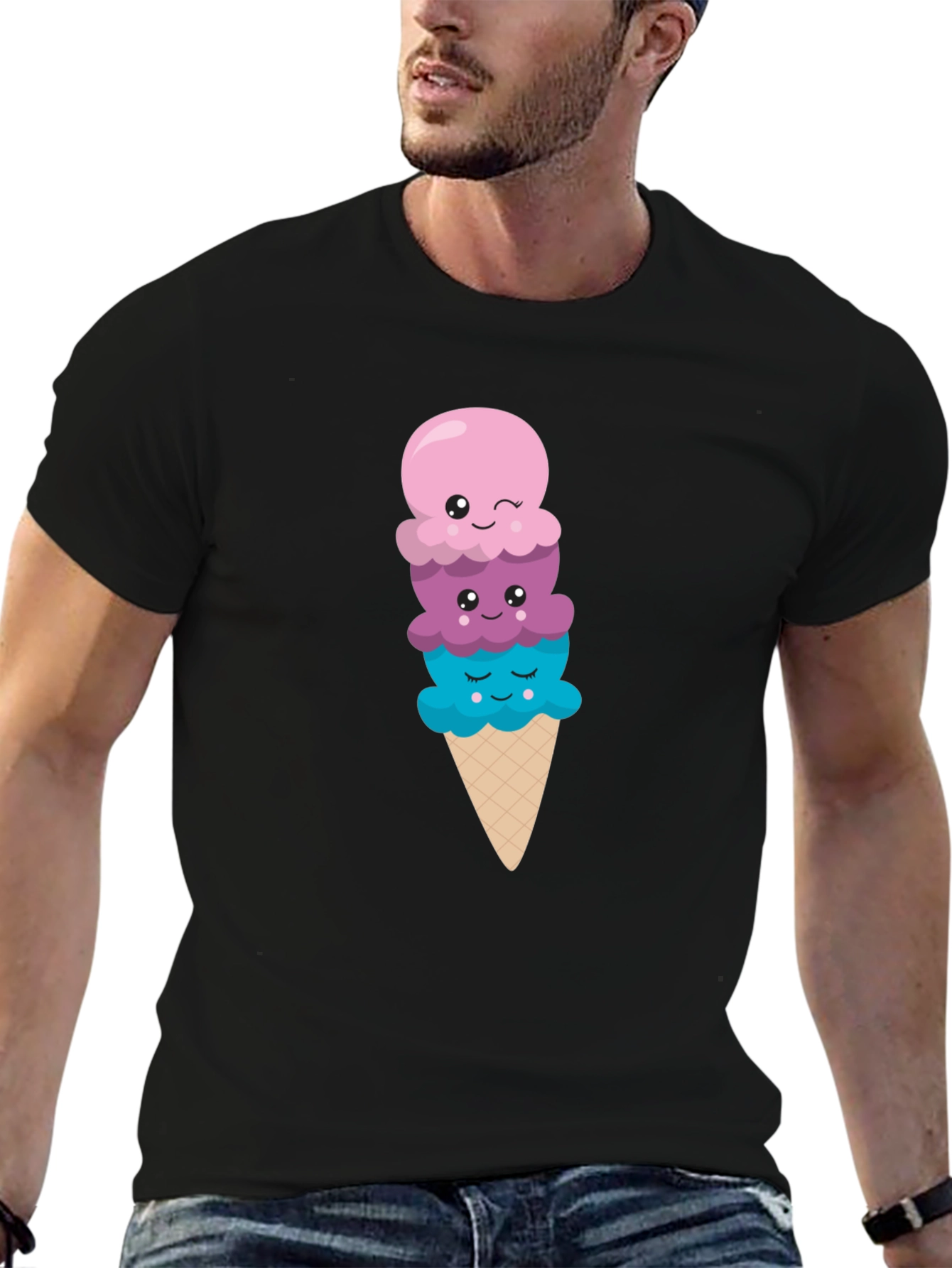 Black Cute Ice Cream Cone Graphic Tee - Black T-Shirt view 6