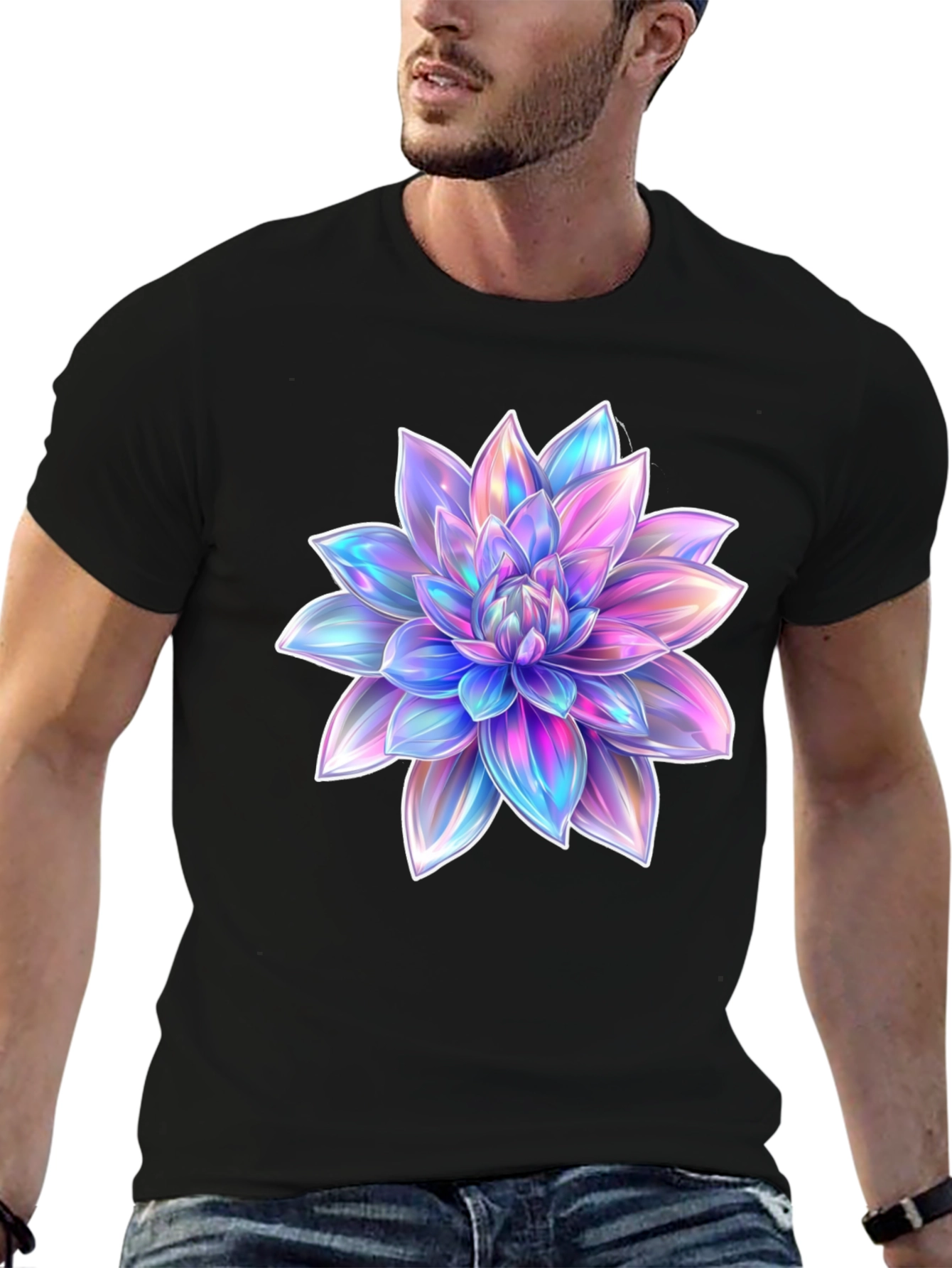 Black Men's Black T-Shirt with Holographic Flower Design view 6