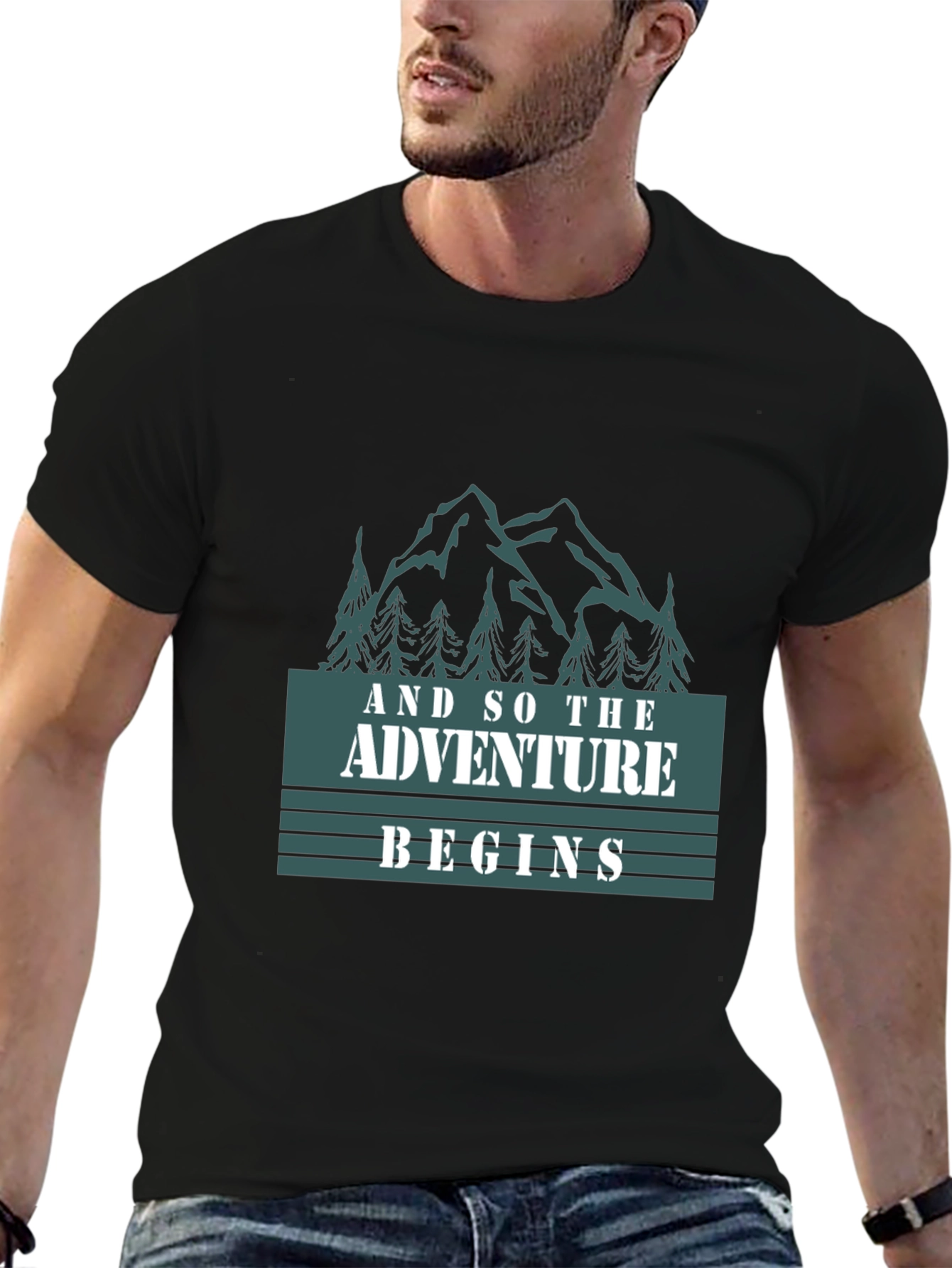 Black Adventure Begins Graphic Tee - Black Cotton T-Shirt view 6