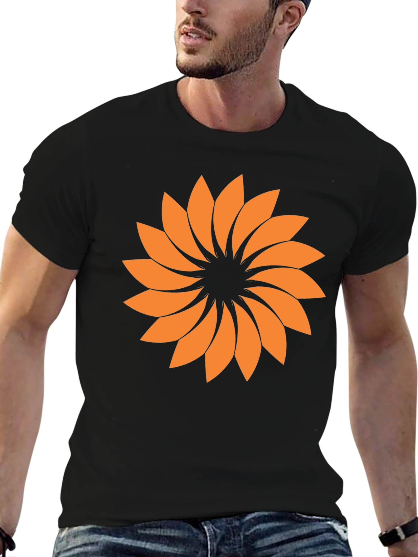 Black Abstract Orange Flower Graphic T-Shirt - Casual Style view 6