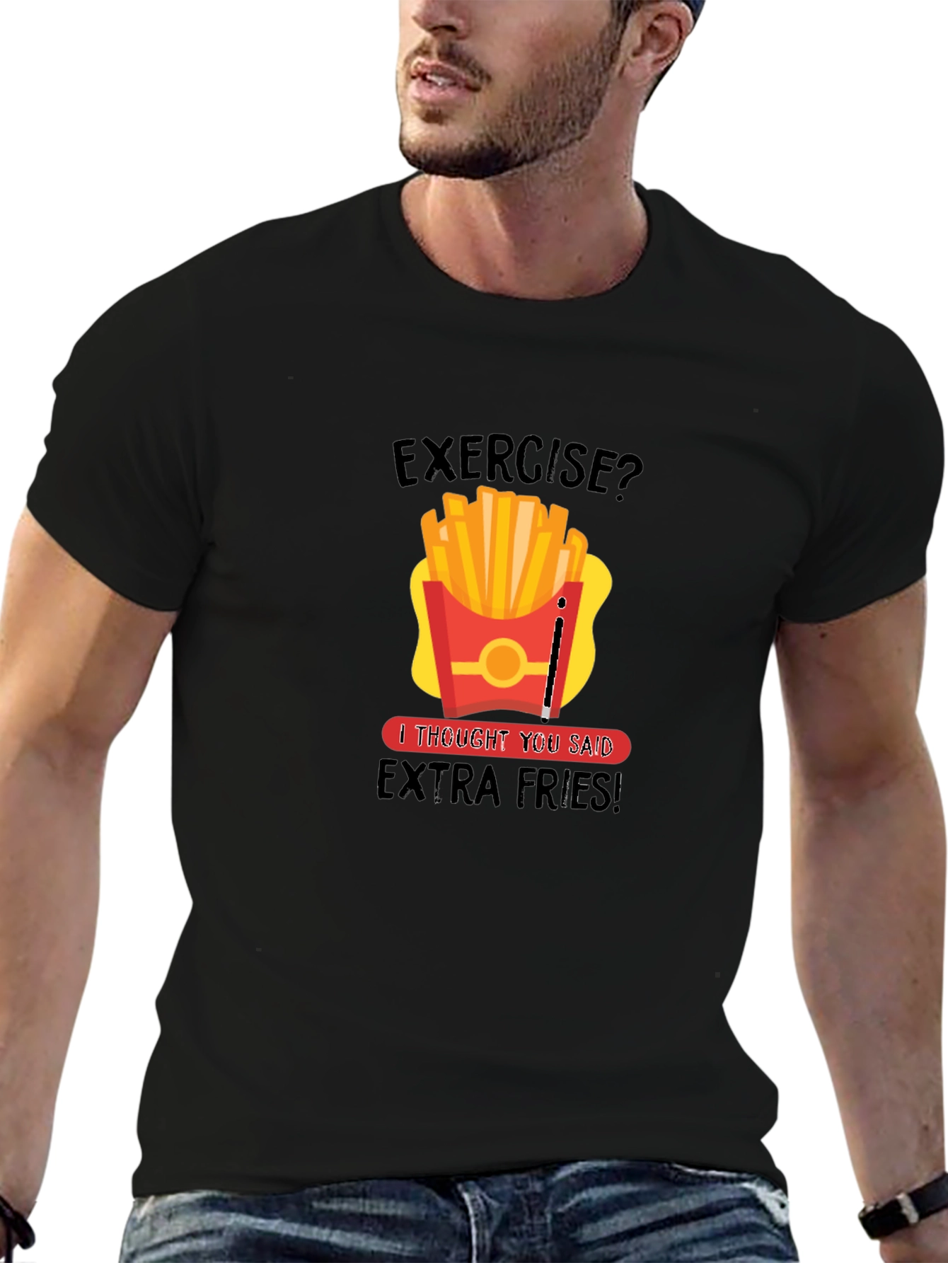 Black Funny Exercise Extra Fries Graphic T-Shirt view 6