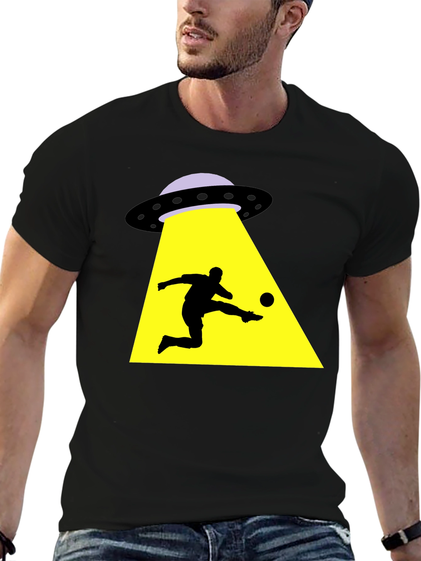 Black Alien Abduction Soccer T-Shirt - Black Cotton Tee view 6