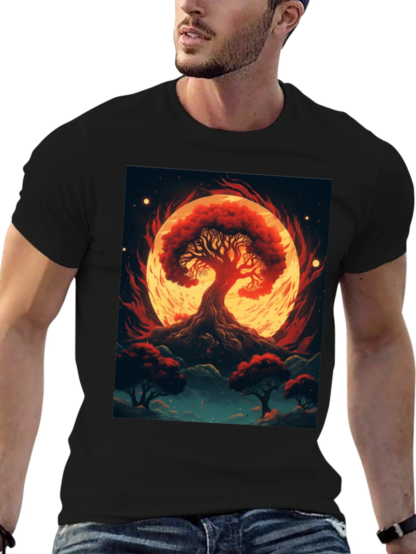 Black Red Tree Graphic Tee - Artistic Black T-Shirt view 6
