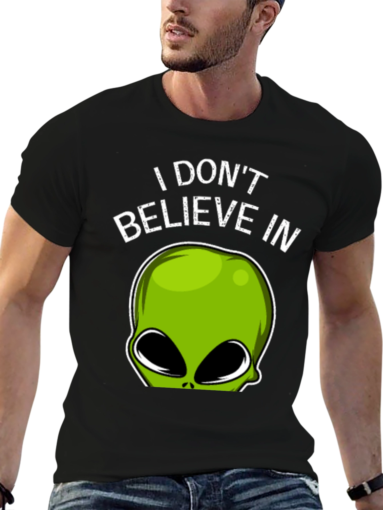 Black Alien Believer T-Shirt - Funny Graphic Tee view 6