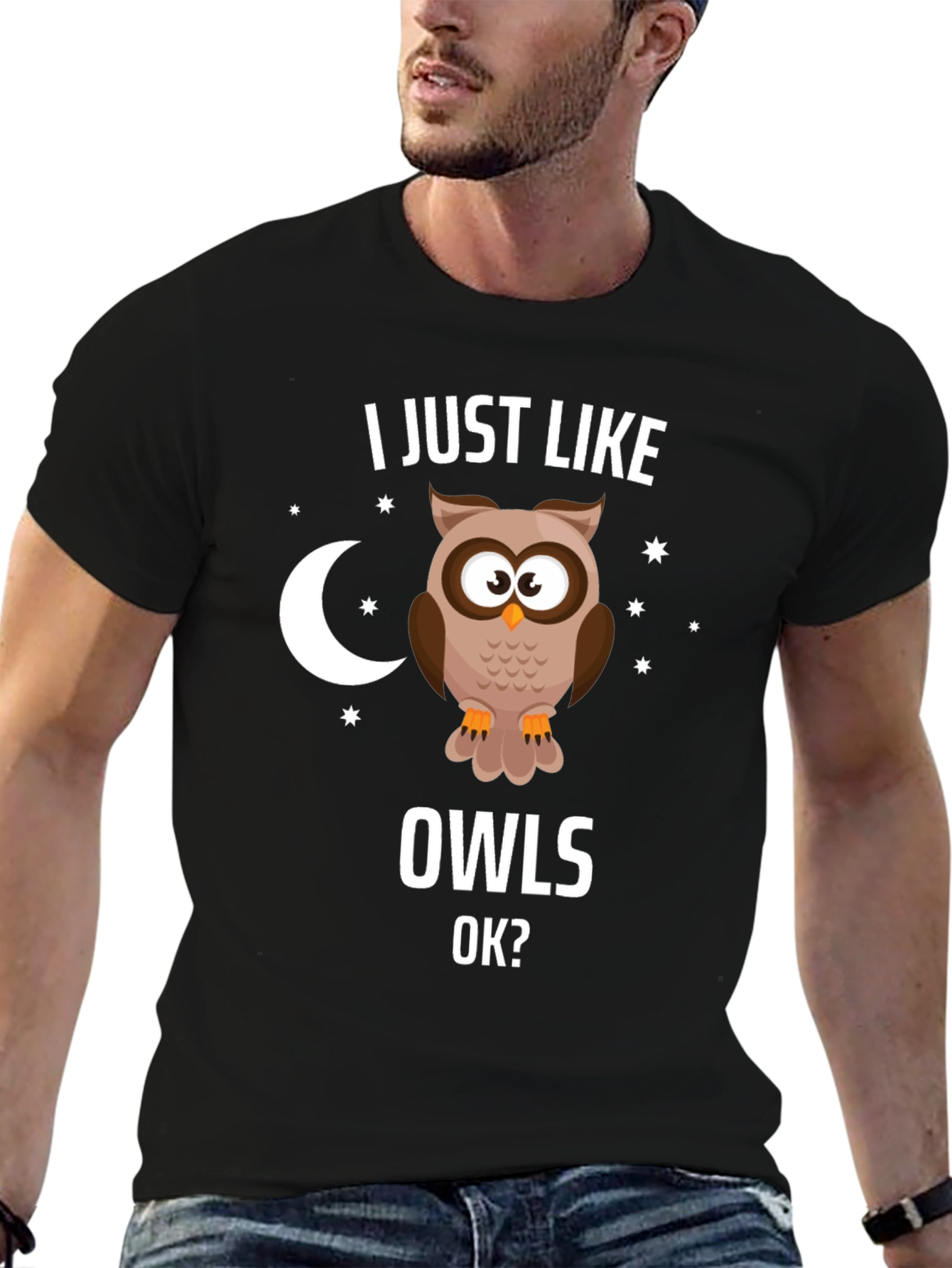 Black I Just Like Owls OK? Graphic T-Shirt view 6