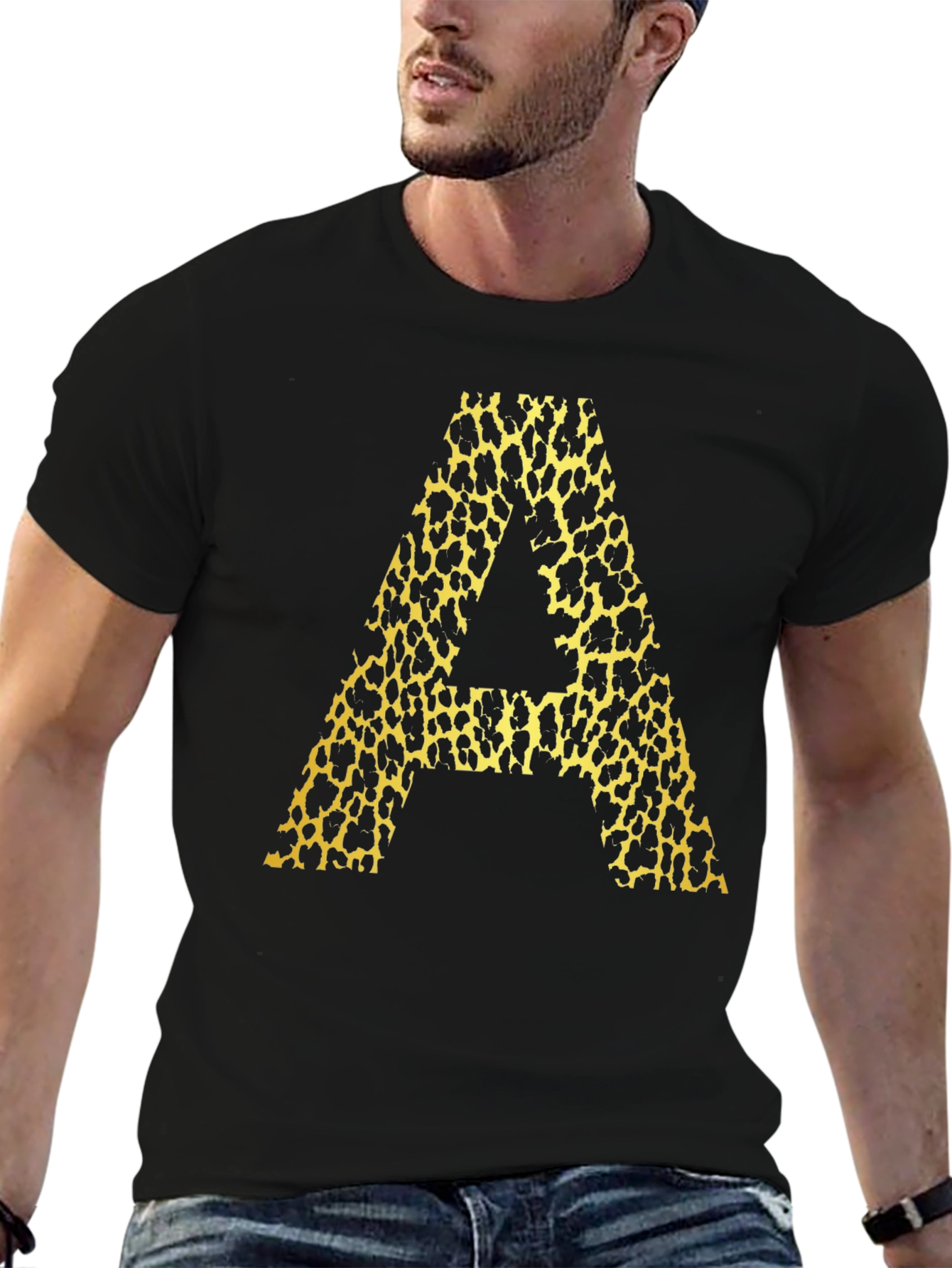 Leopard Print "A" Graphic Tee - Mens Black T-Shirt - 6