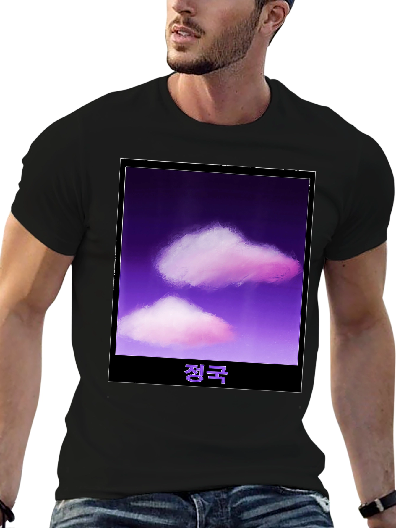 Black Purple Clouds Korean Text Black Tee view 6