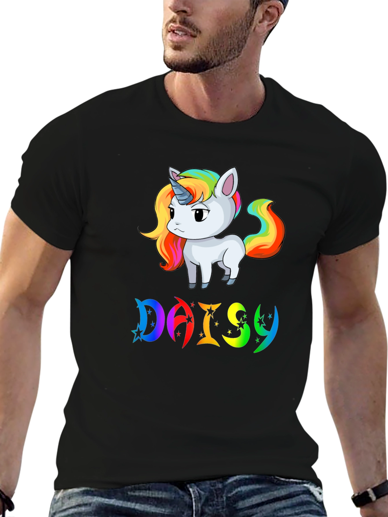 Black Unicorn 'Daisy' Personalized Black T-Shirt view 6