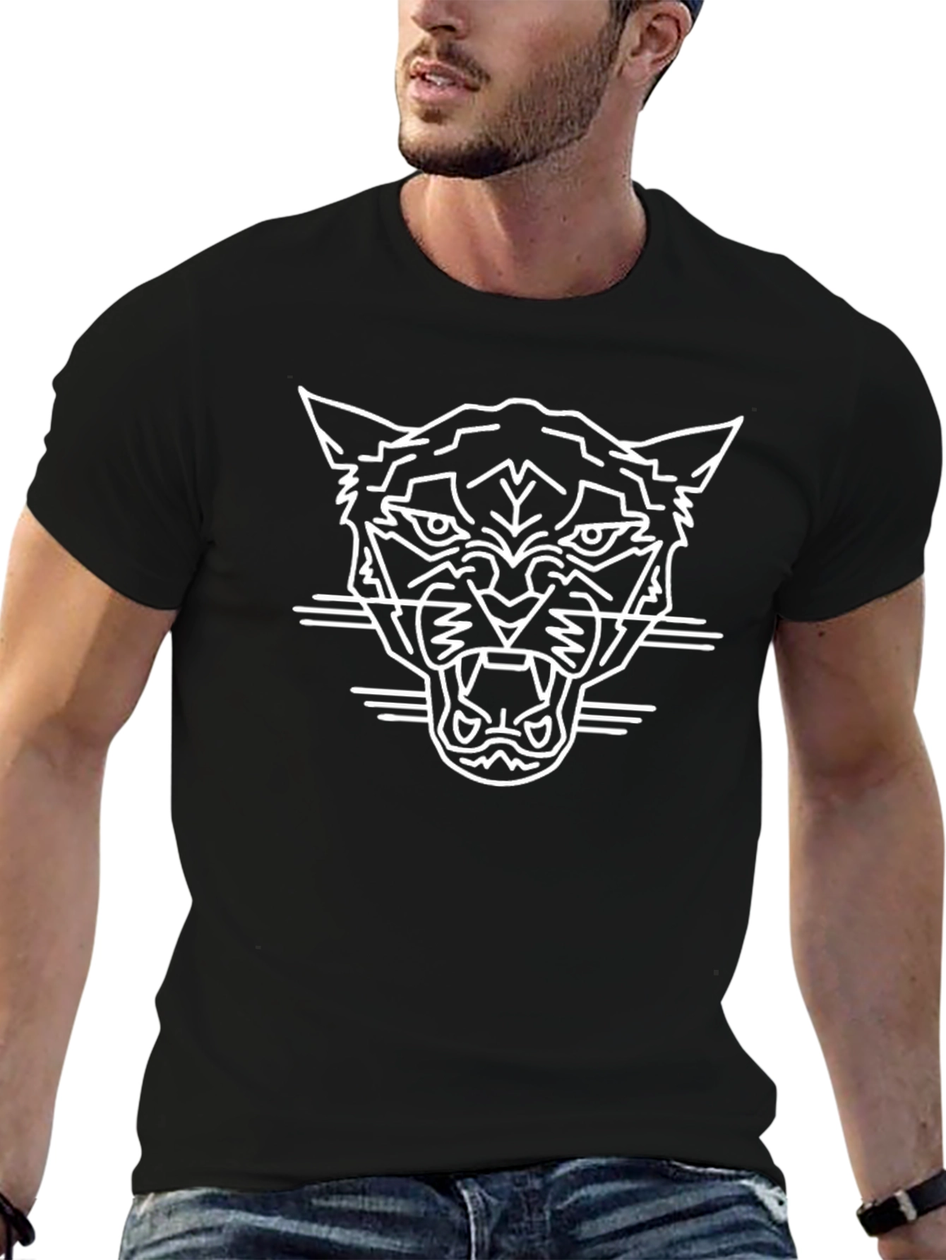 Black Men's Black T-Shirt with Geometric Jaguar Design view 6