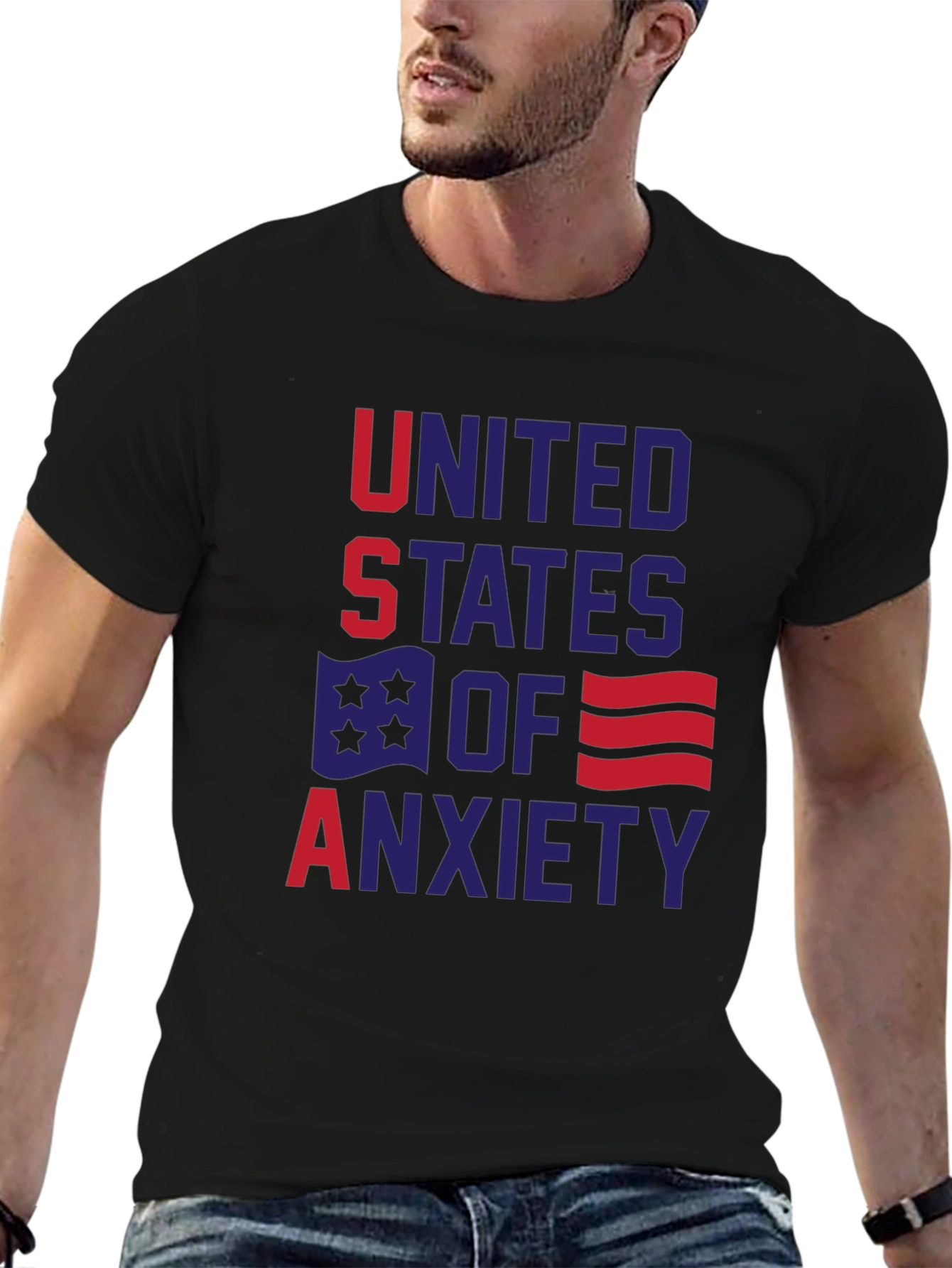 Black United States of Anxiety Graphic T-Shirt view 6