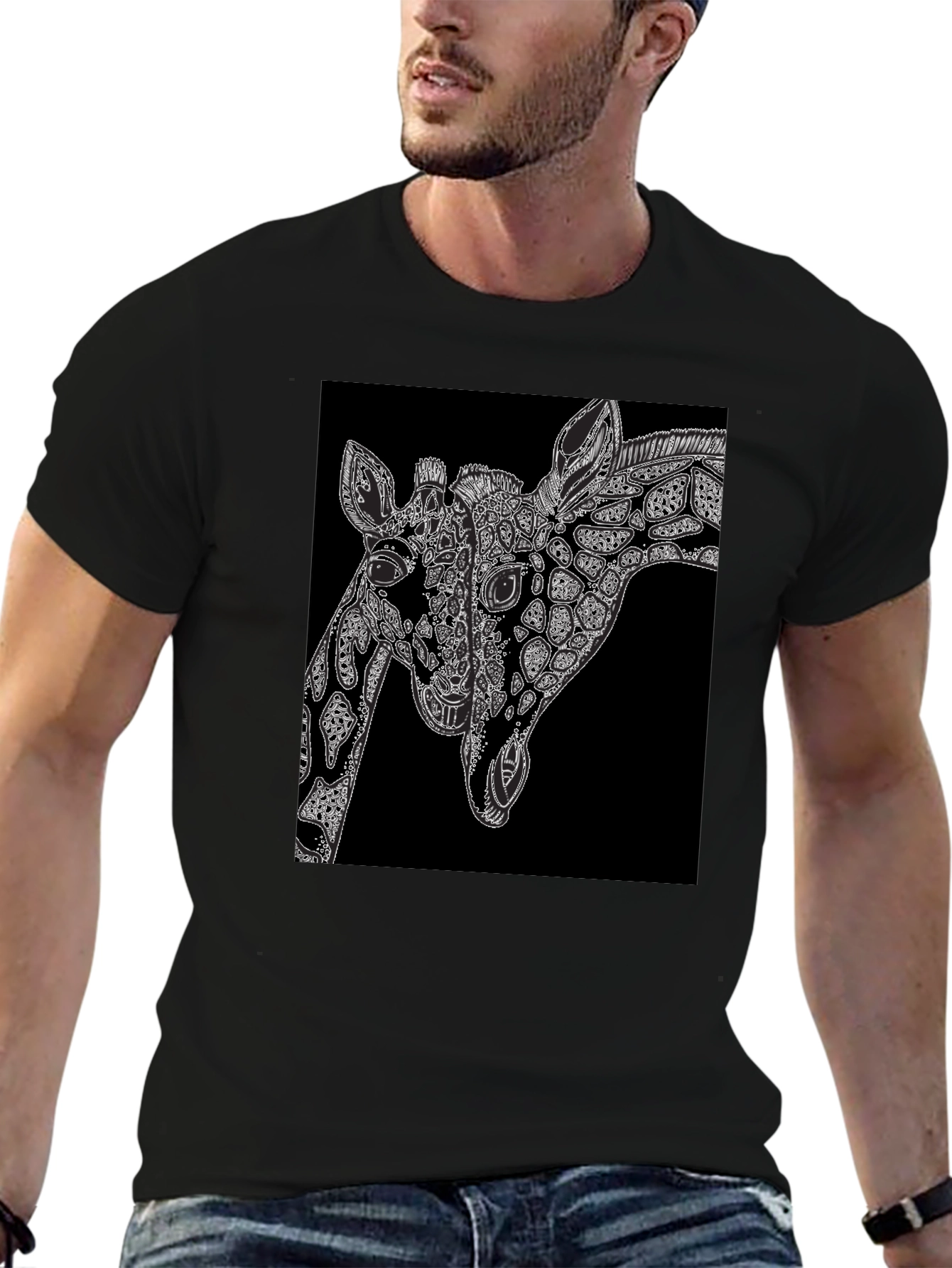 Black Giraffe Art Black T-Shirt - Unique Graphic Tee view 6