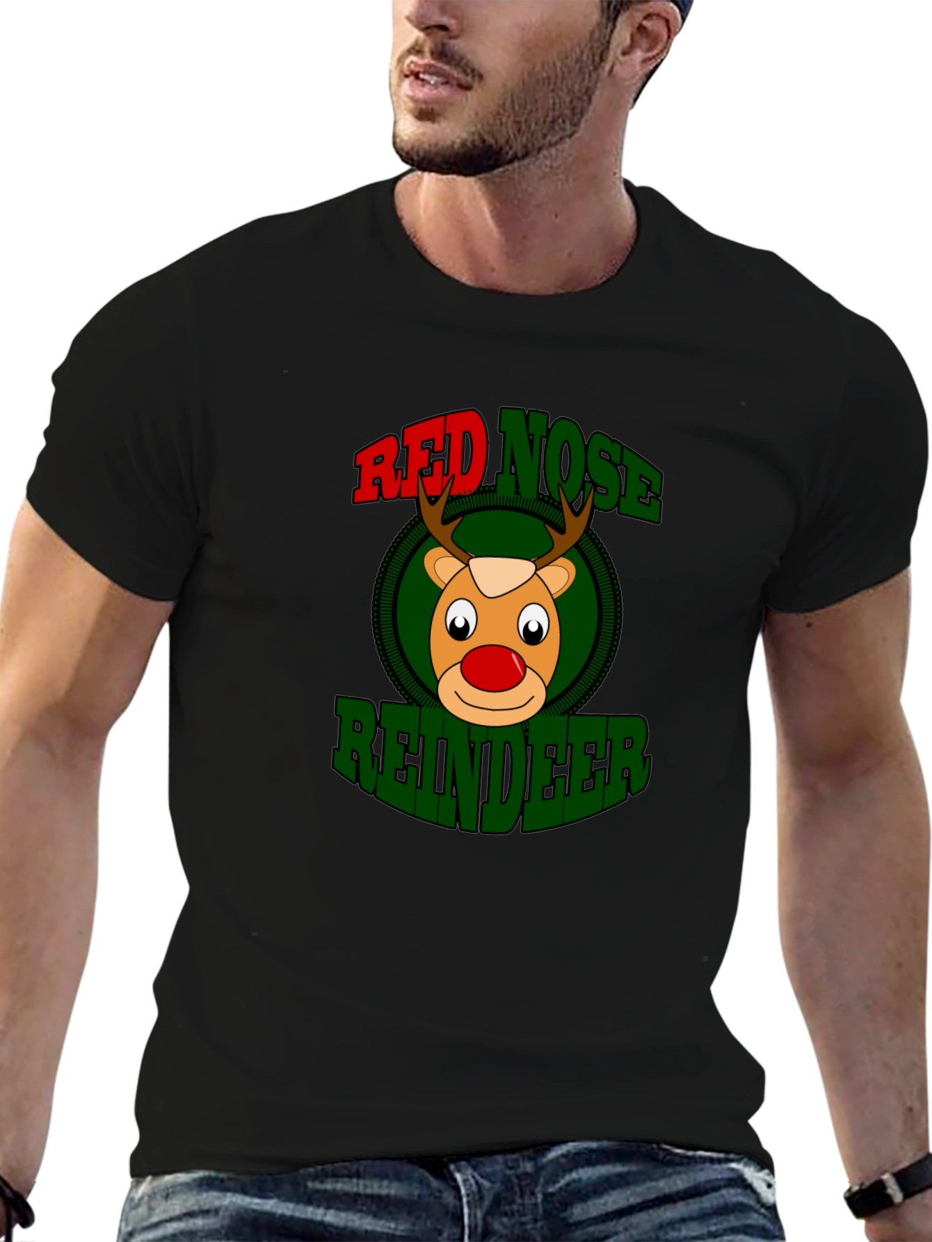 Black Red Nose Reindeer Graphic Tee - Christmas Holiday view 6